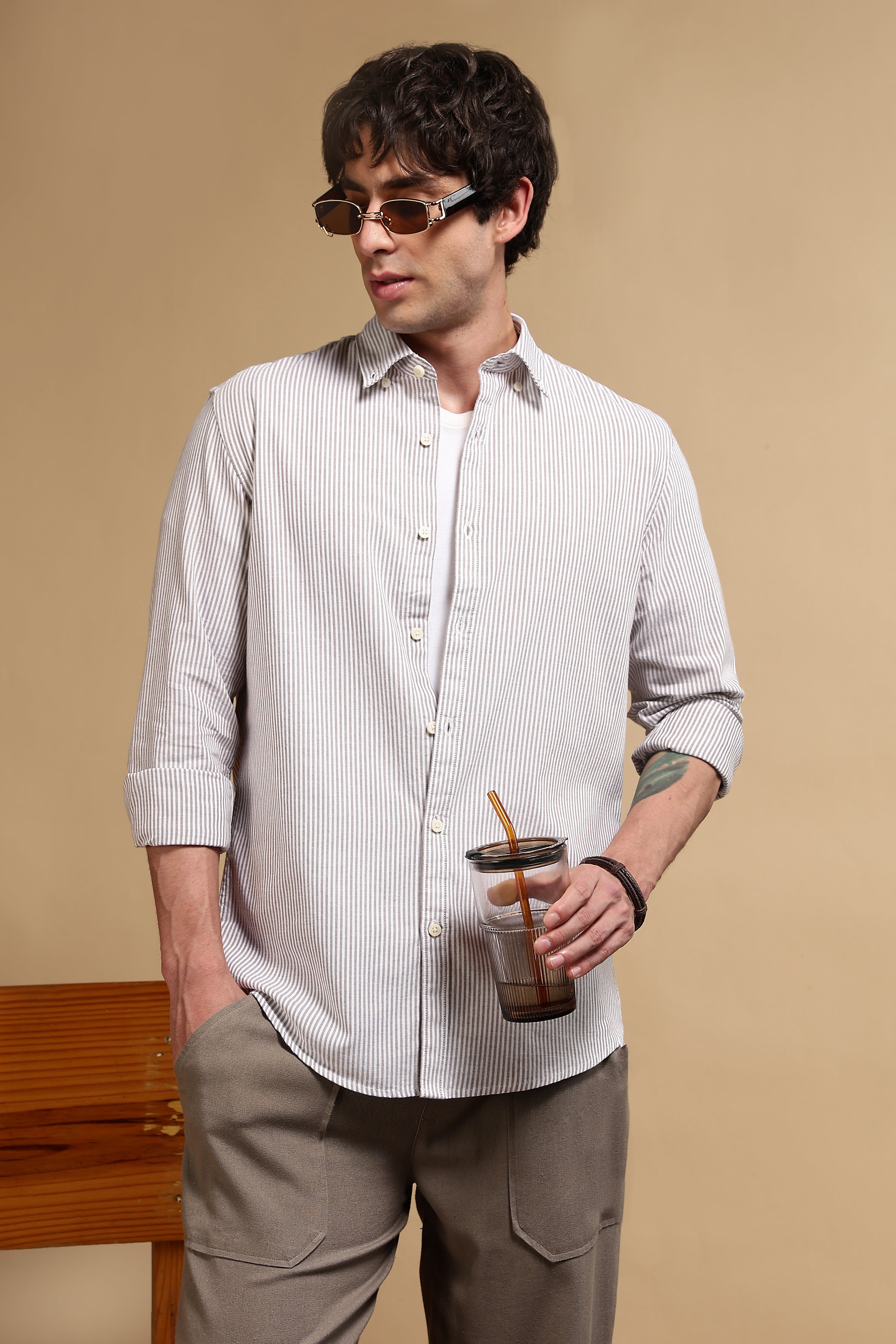 Men Brown Linen Blend Loose Fit Drawcord Trousers