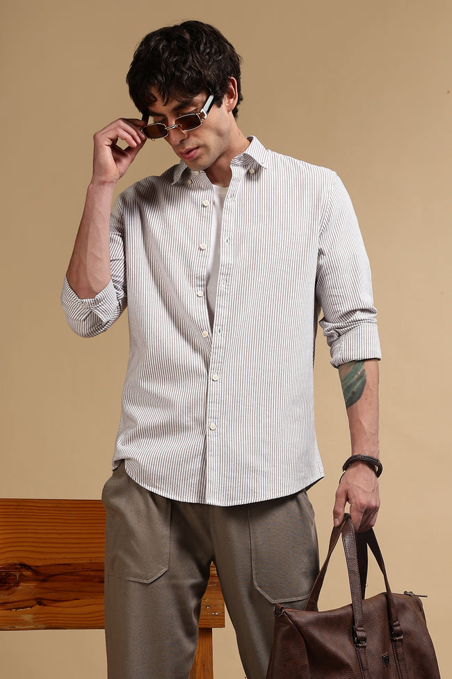 Men Brown Cotton Oxford Slim Fit Striped Shirt
