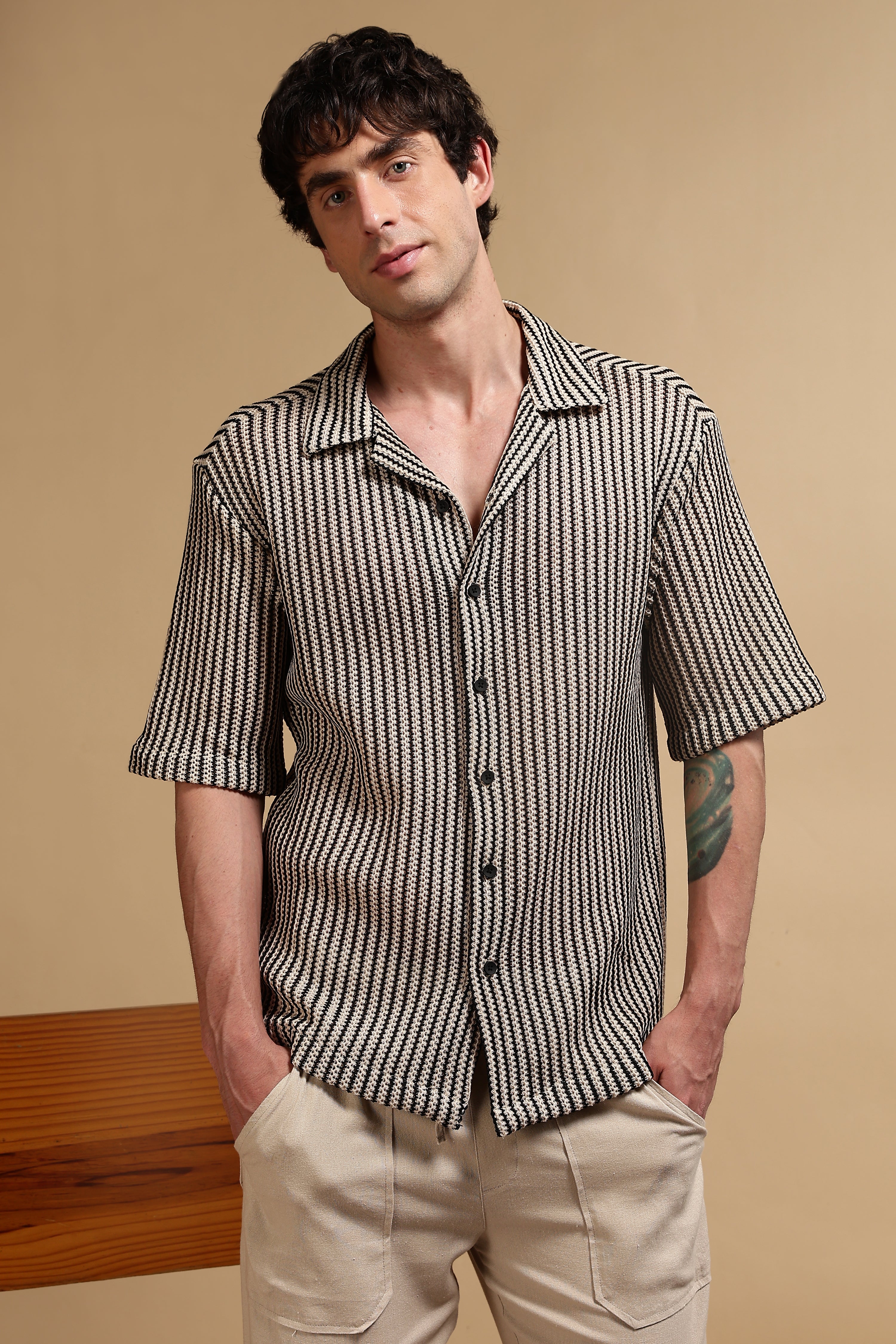 Men Cream Polyester Relaxed Fit Shirt