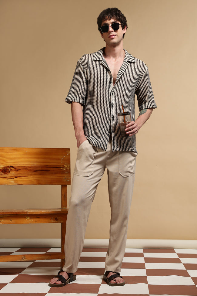 Men Cream Polyester Relaxed Fit Shirt