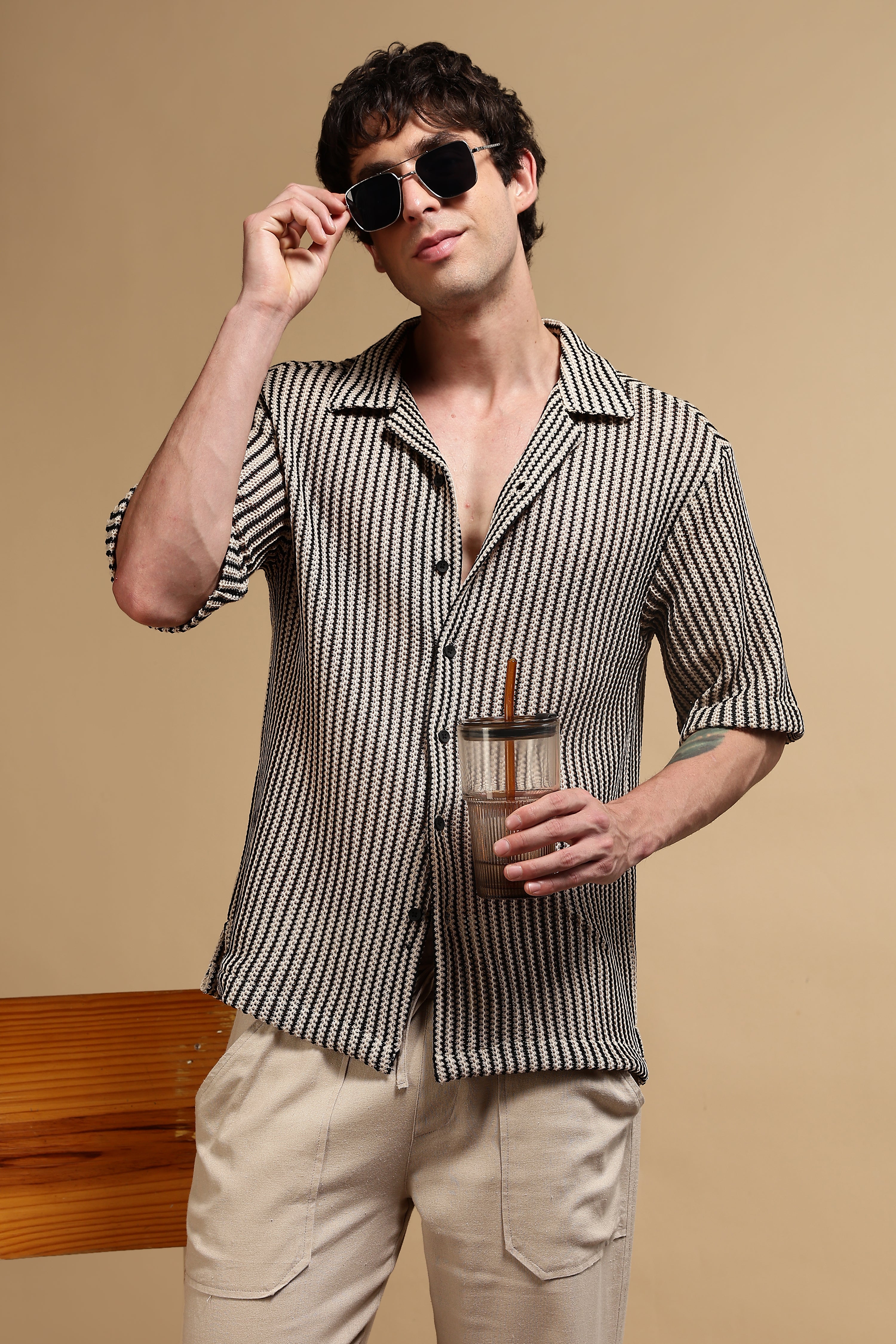 Men Cream Polyester Relaxed Fit Shirt