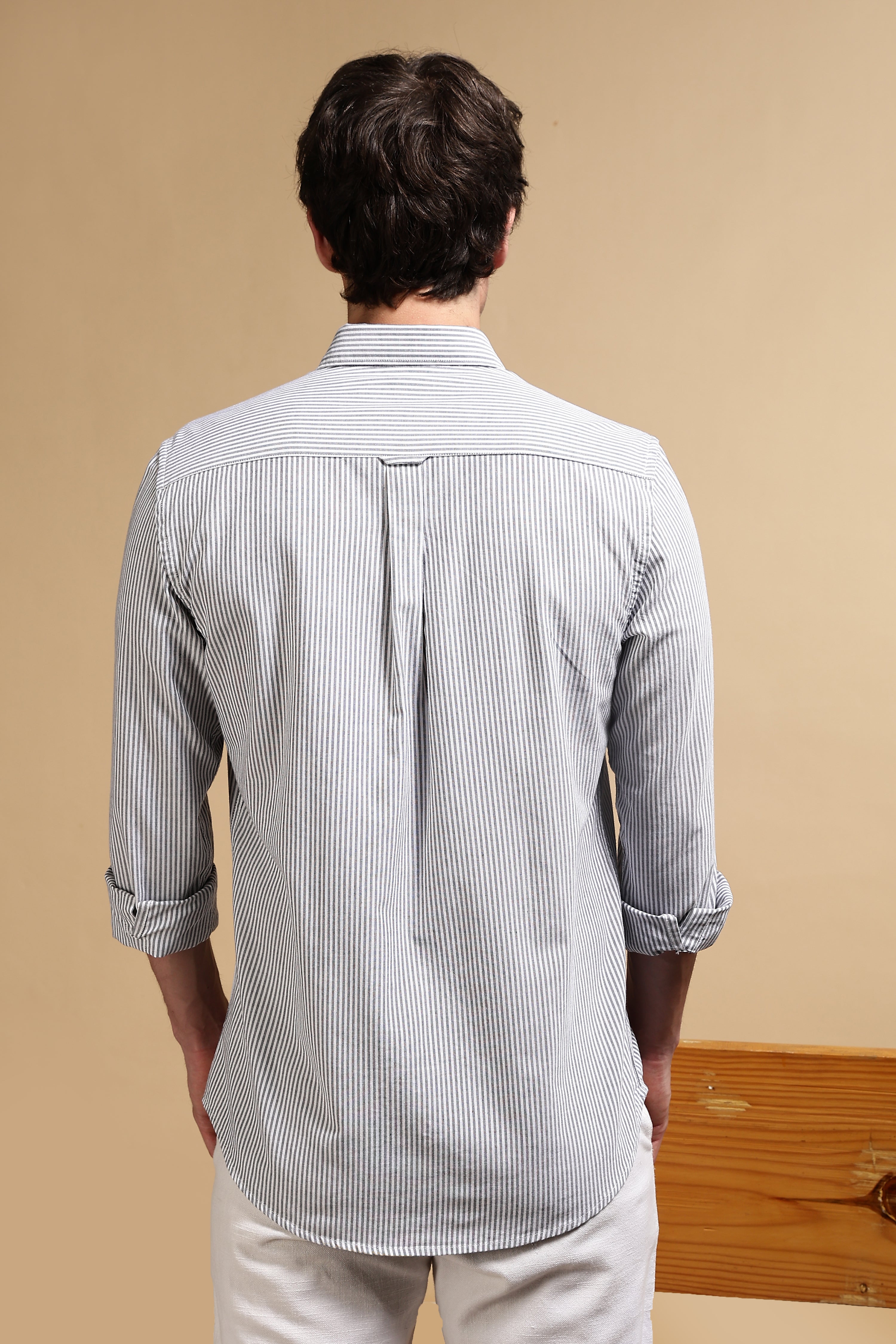 Men Black Cotton Oxford Slim Fit Striped Shirt