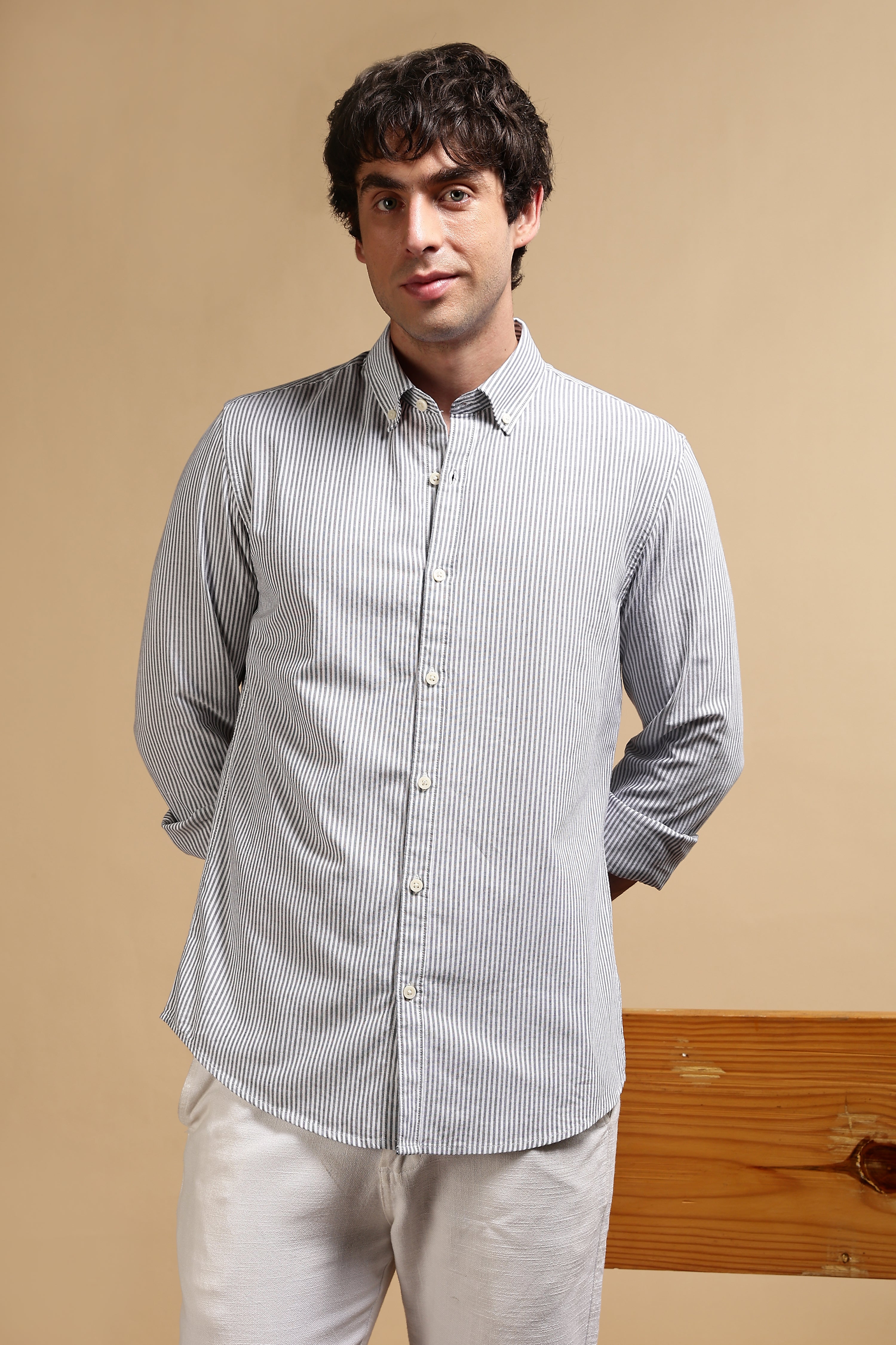 Men Black Cotton Oxford Slim Fit Striped Shirt