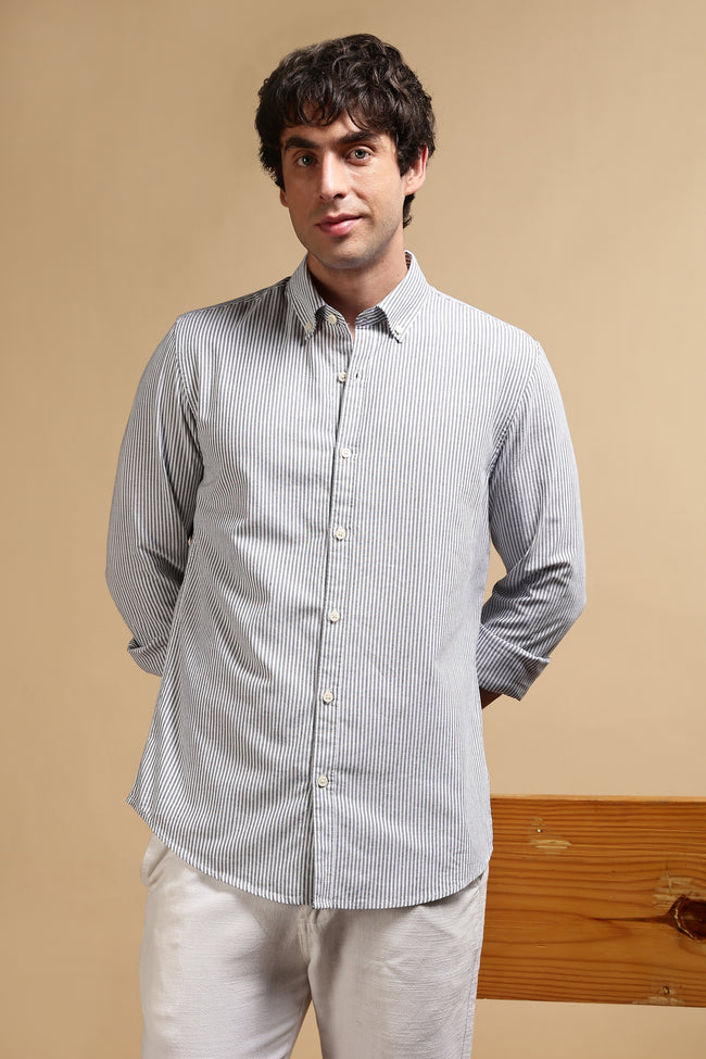 Men Black Cotton Oxford Slim Fit Striped Shirt