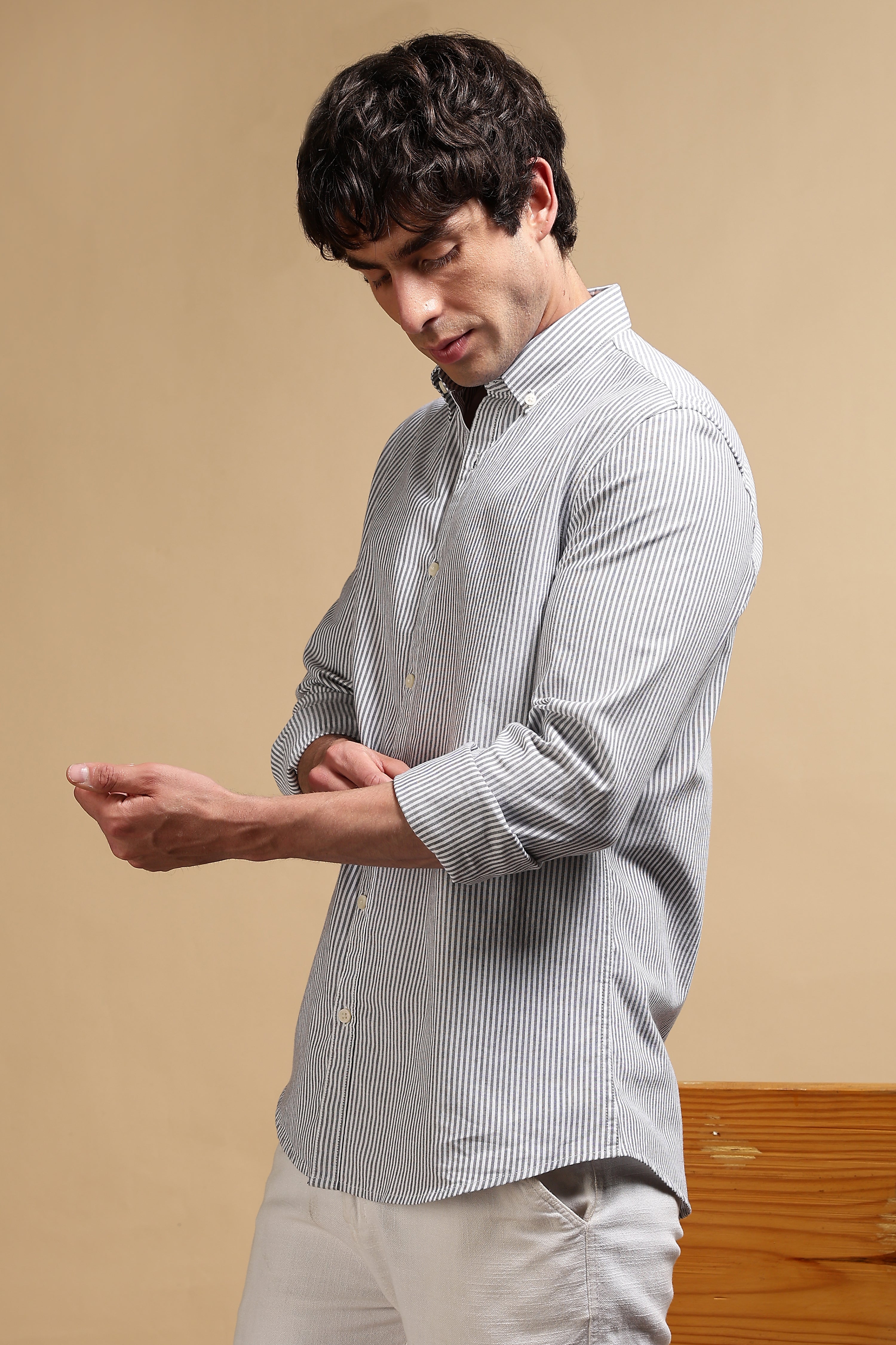 Men Black Cotton Oxford Slim Fit Striped Shirt