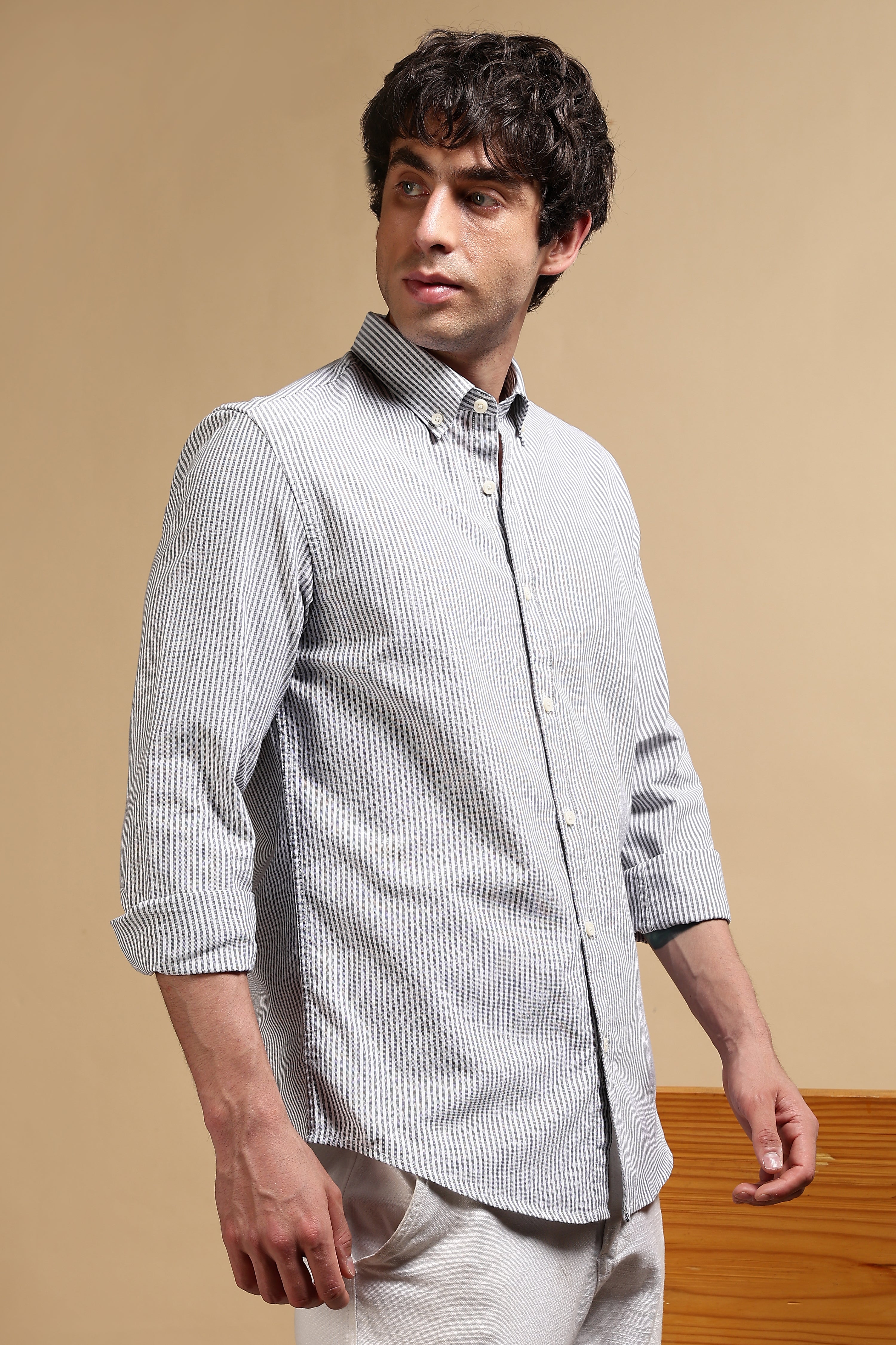 Men Black Cotton Oxford Slim Fit Striped Shirt