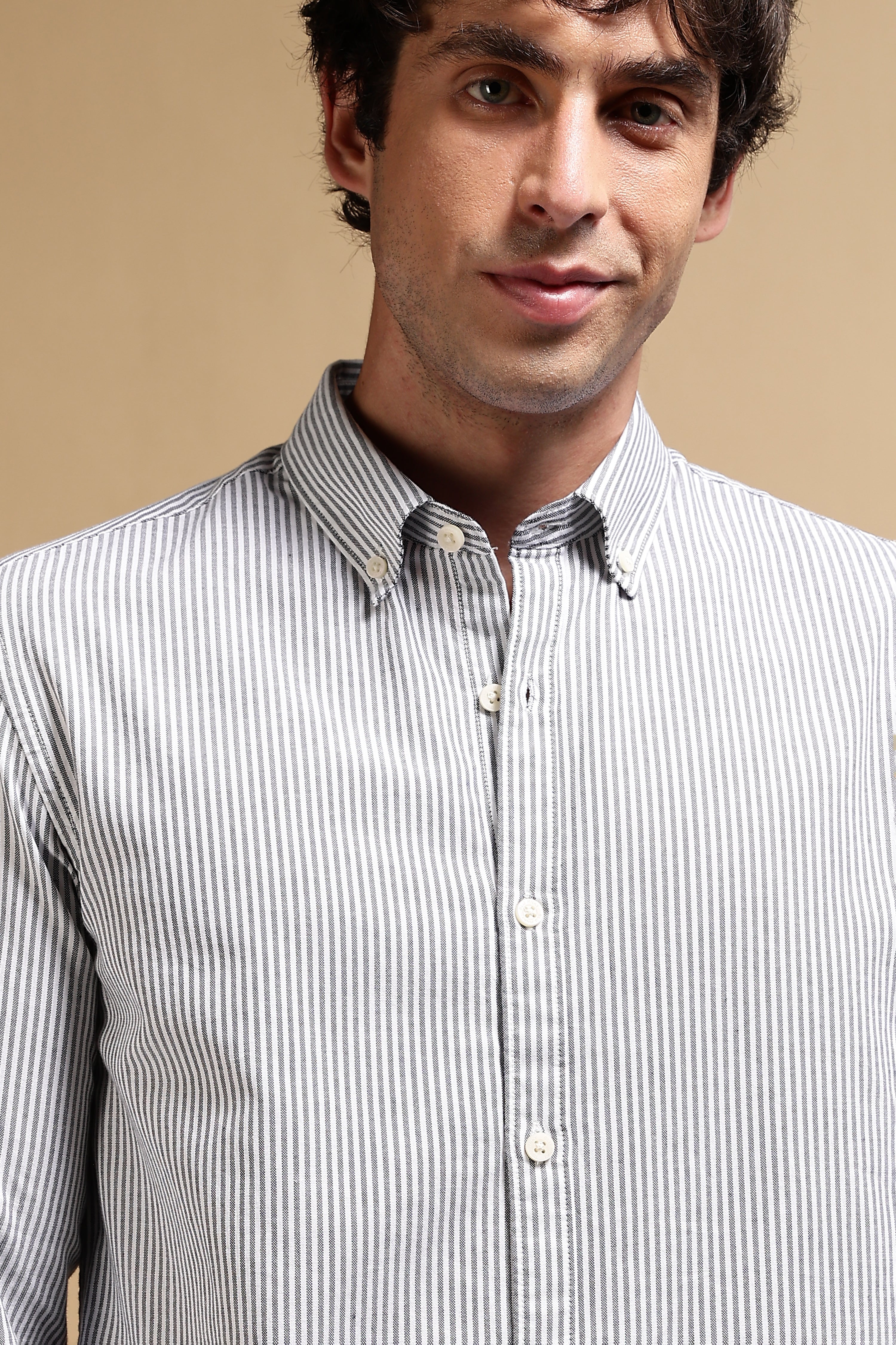 Men Black Cotton Oxford Slim Fit Striped Shirt
