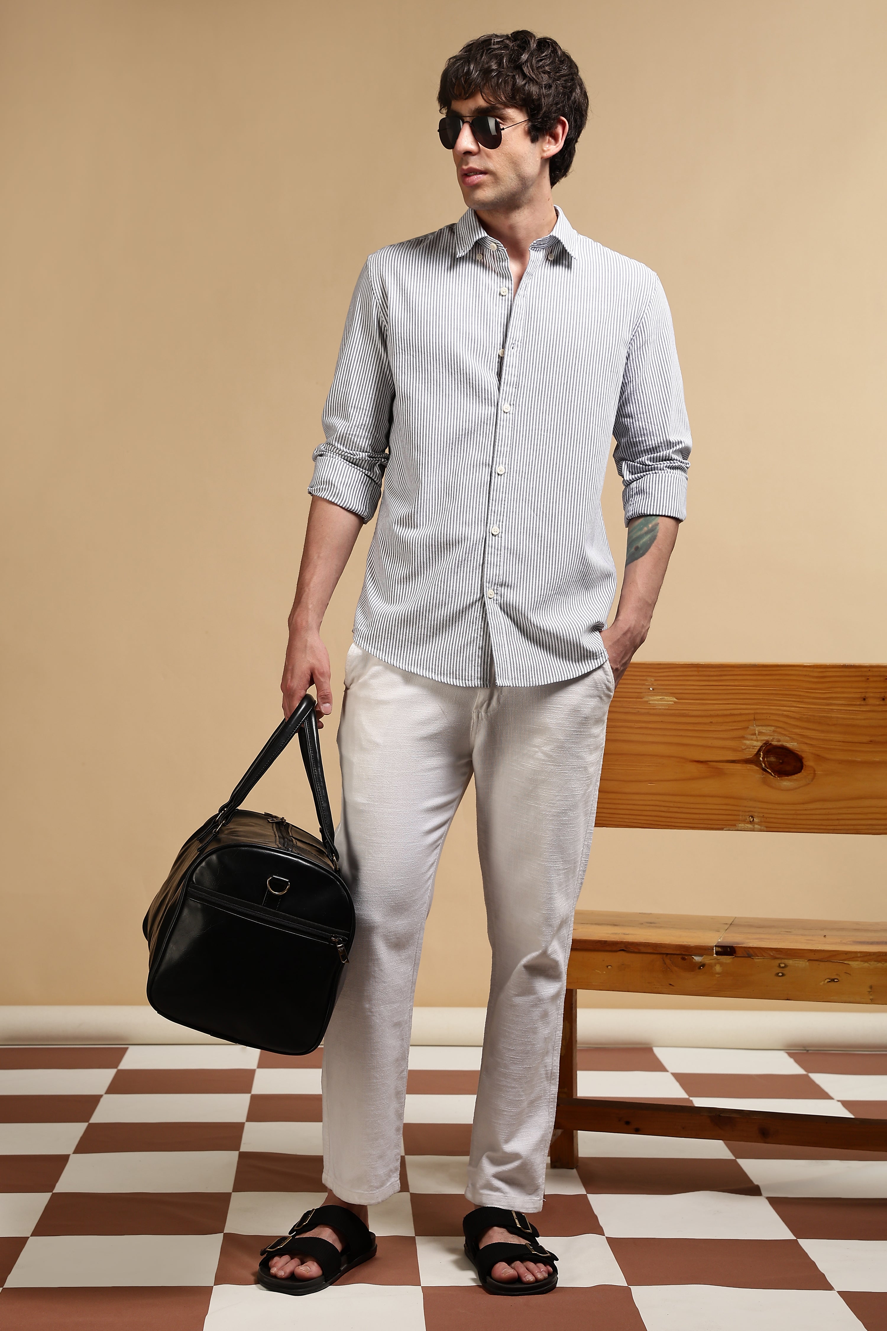 Men Black Cotton Oxford Slim Fit Striped Shirt