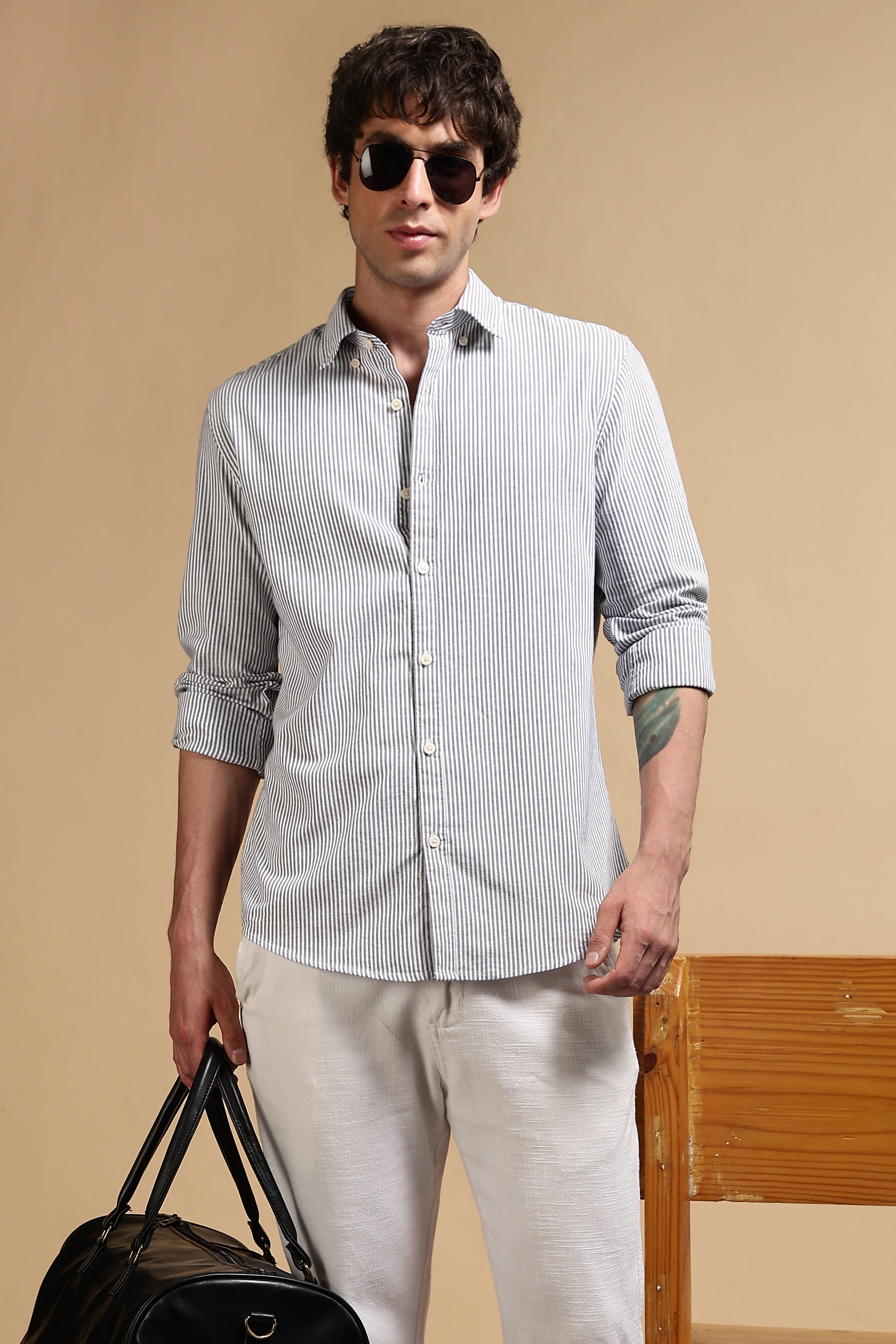 Men Black Cotton Oxford Slim Fit Striped Shirt