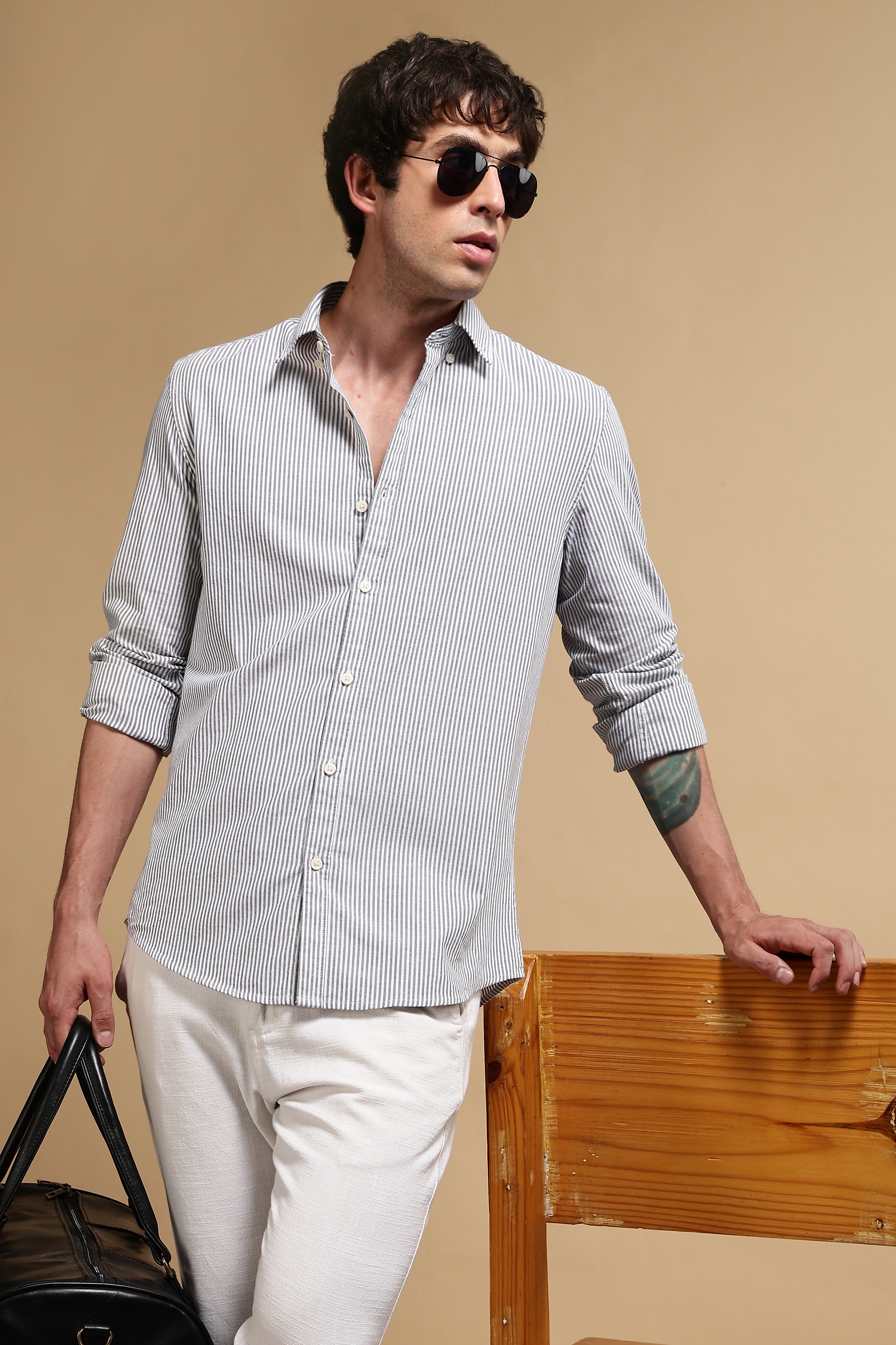 Men Black Cotton Oxford Slim Fit Striped Shirt