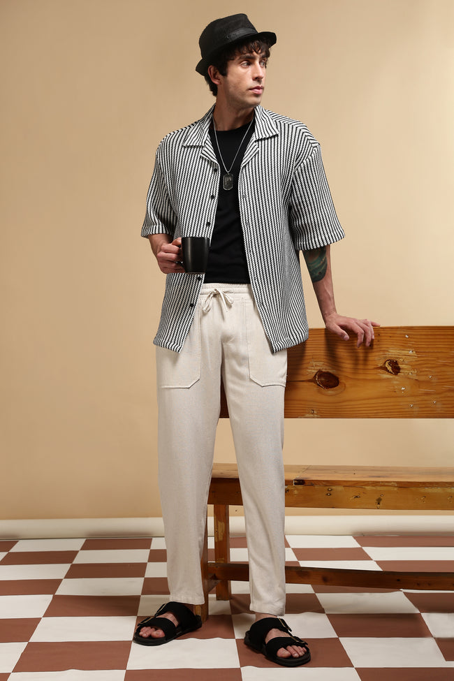 Men Cream Linen Blend Loose Fit Drawcord Trousers