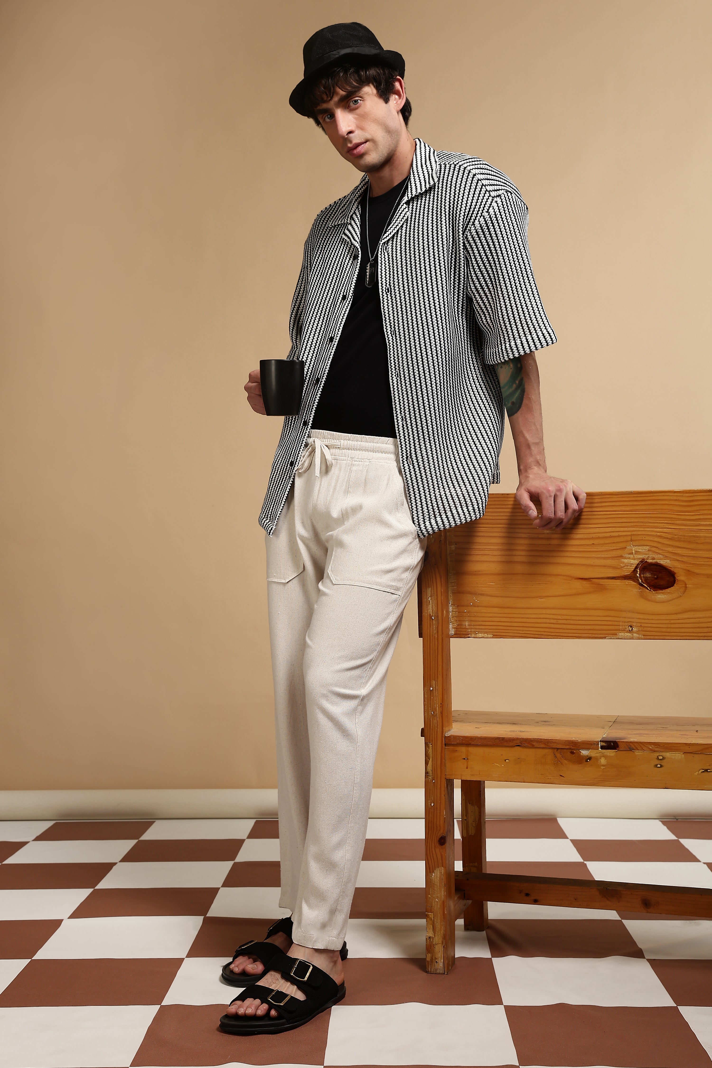 Men Cream Linen Blend Loose Fit Drawcord Trousers