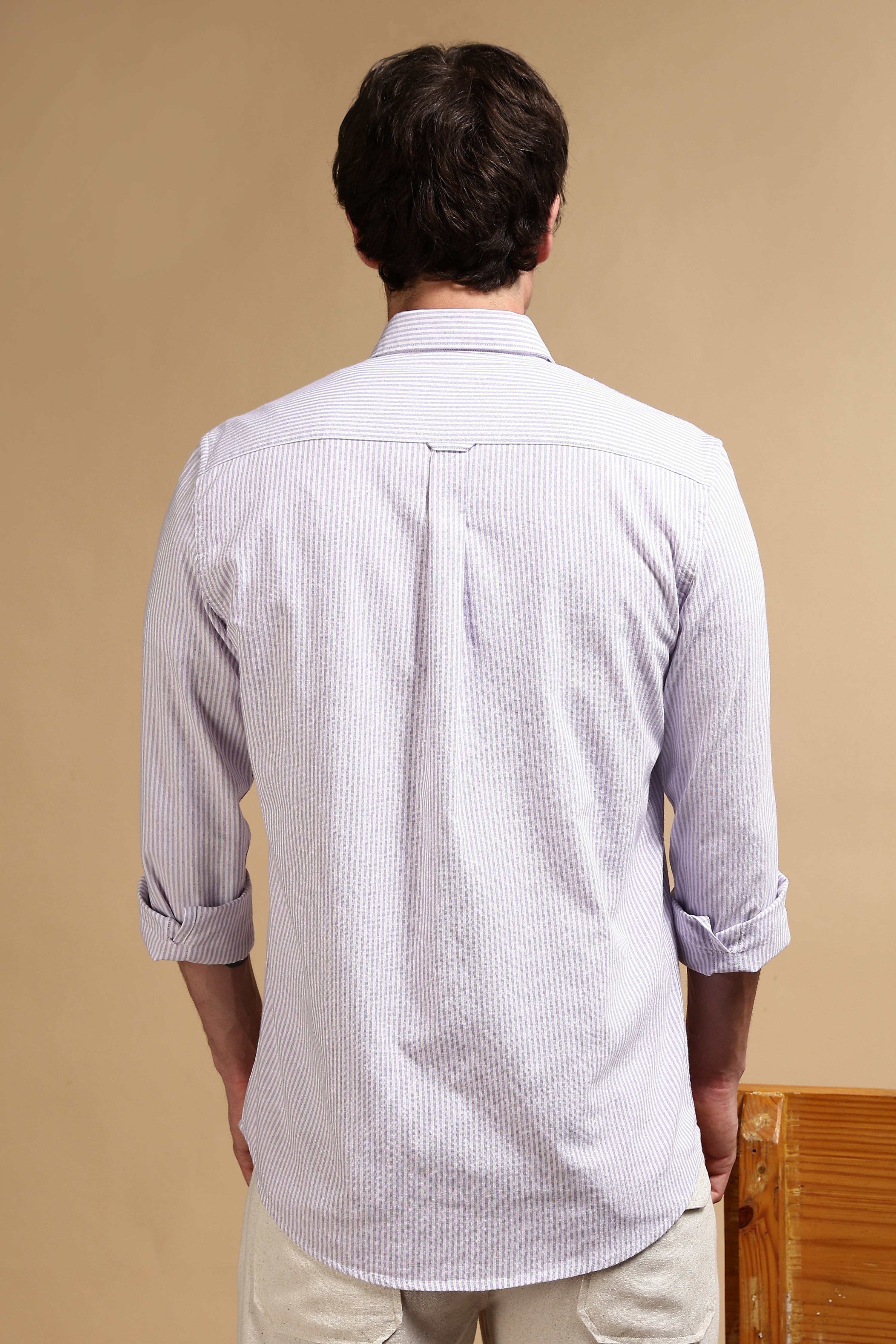 Men Lavender Cotton Oxford Slim Fit Striped Shirt