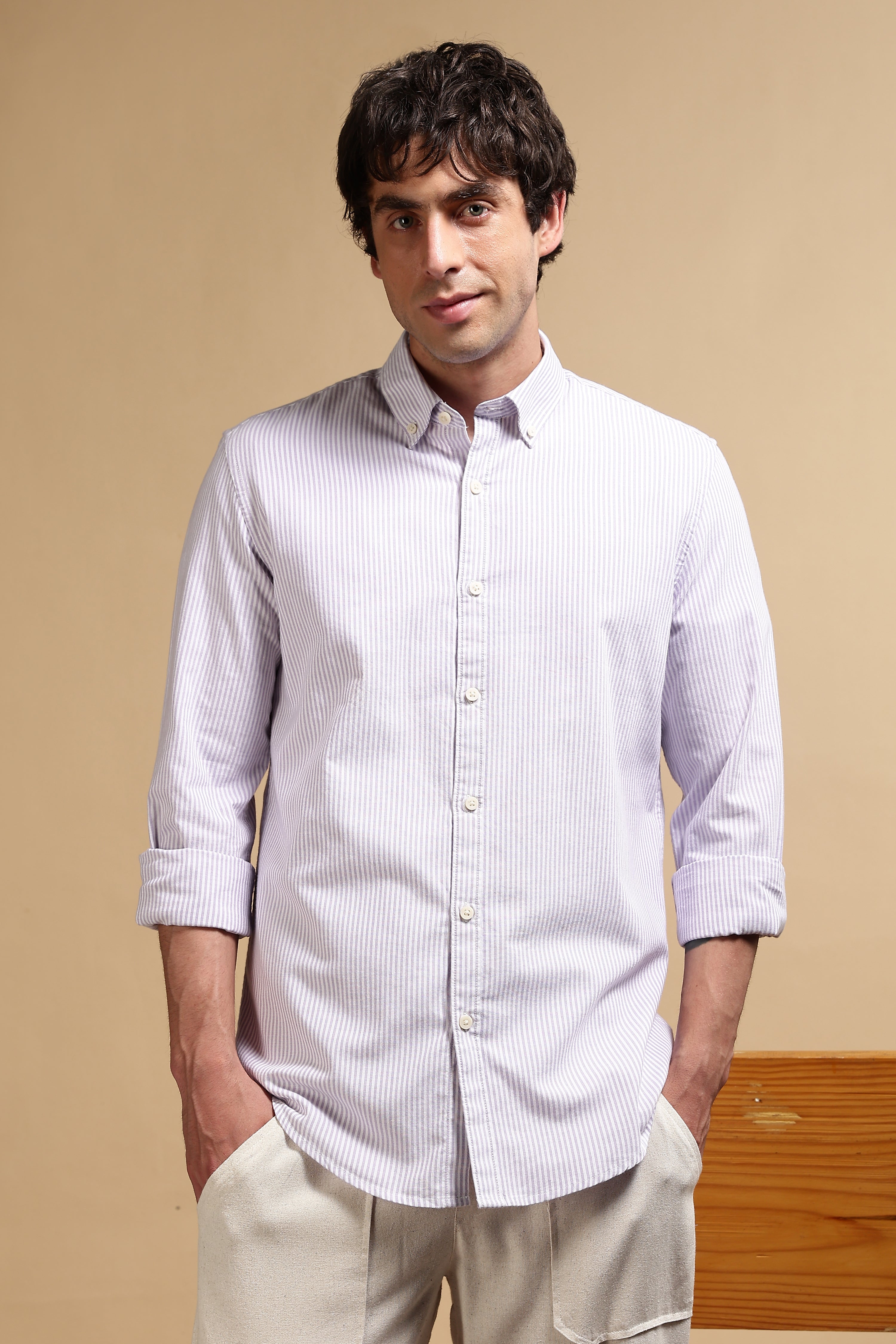 Men Lavender Cotton Oxford Slim Fit Striped Shirt