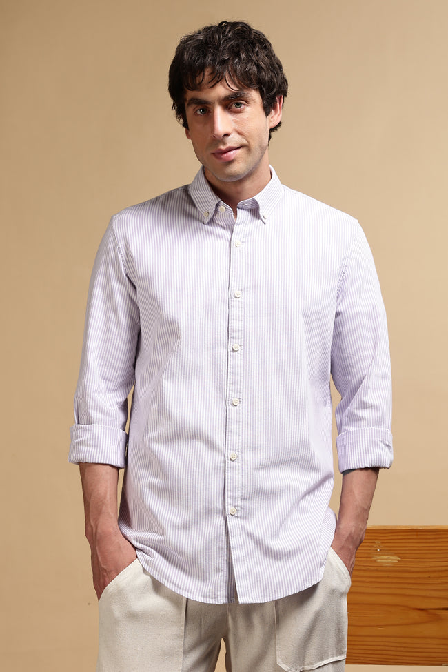 Men Lavender Cotton Oxford Slim Fit Striped Shirt