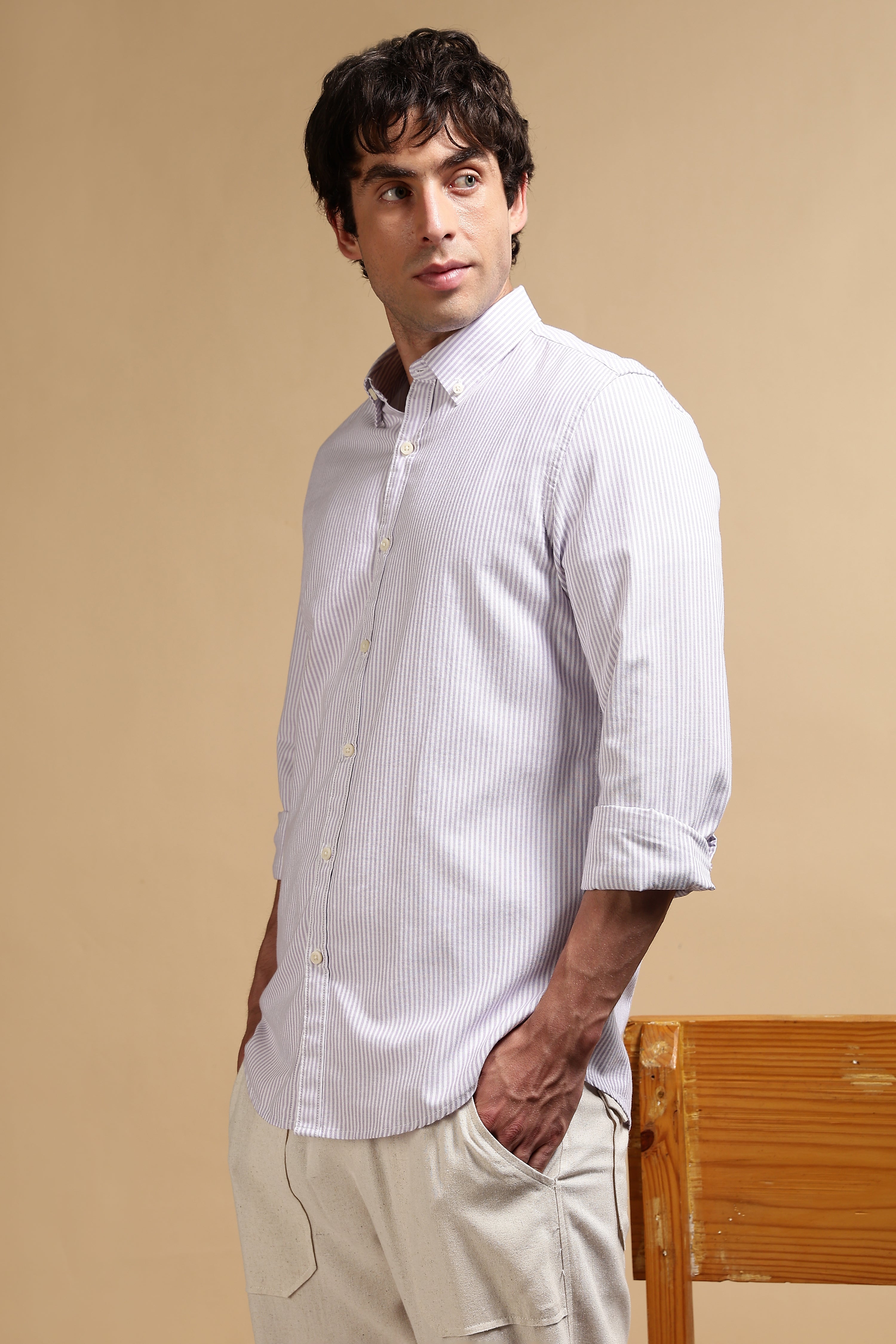 Men Lavender Cotton Oxford Slim Fit Striped Shirt