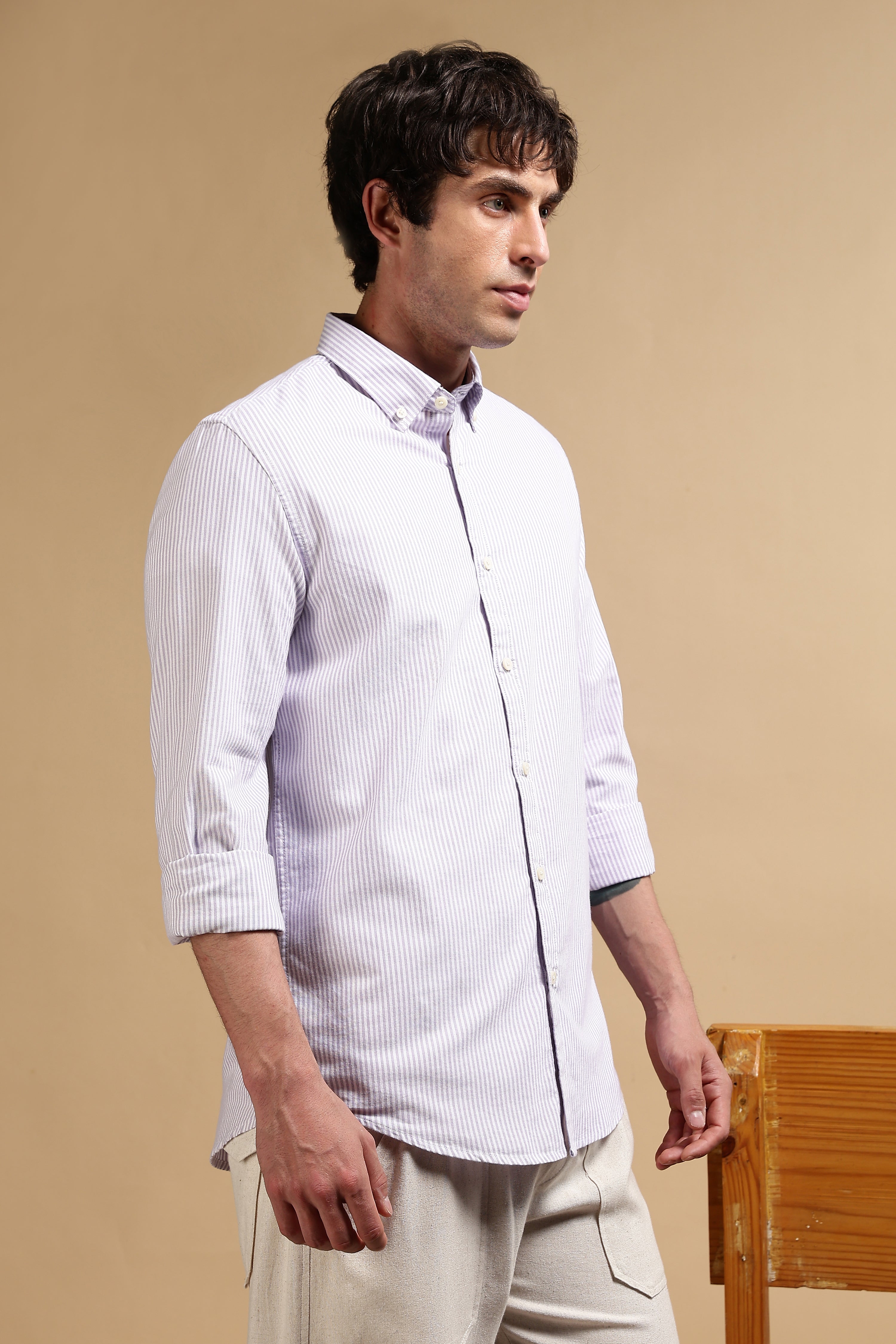 Men Lavender Cotton Oxford Slim Fit Striped Shirt