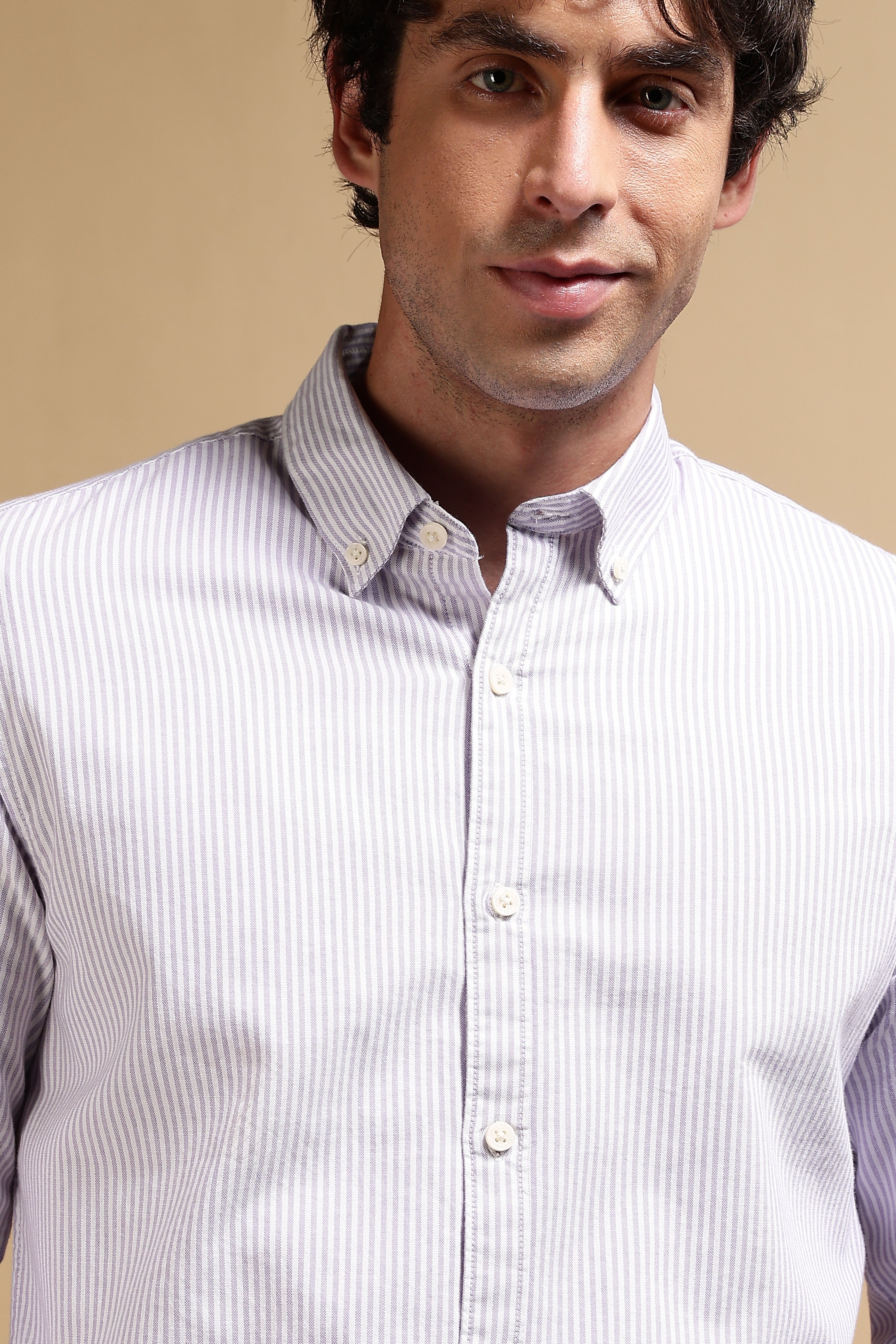 Men Lavender Cotton Oxford Slim Fit Striped Shirt