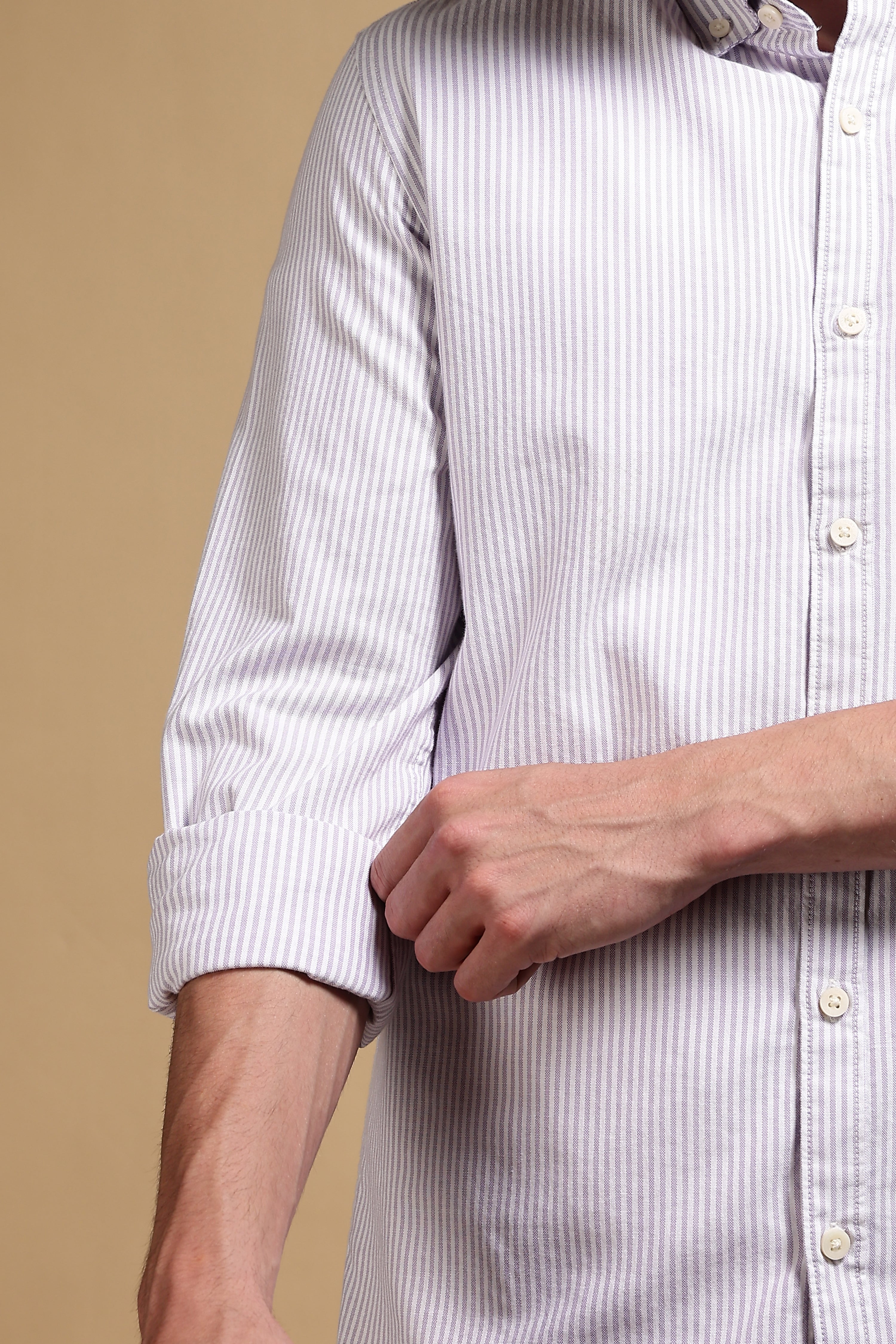Men Lavender Cotton Oxford Slim Fit Striped Shirt