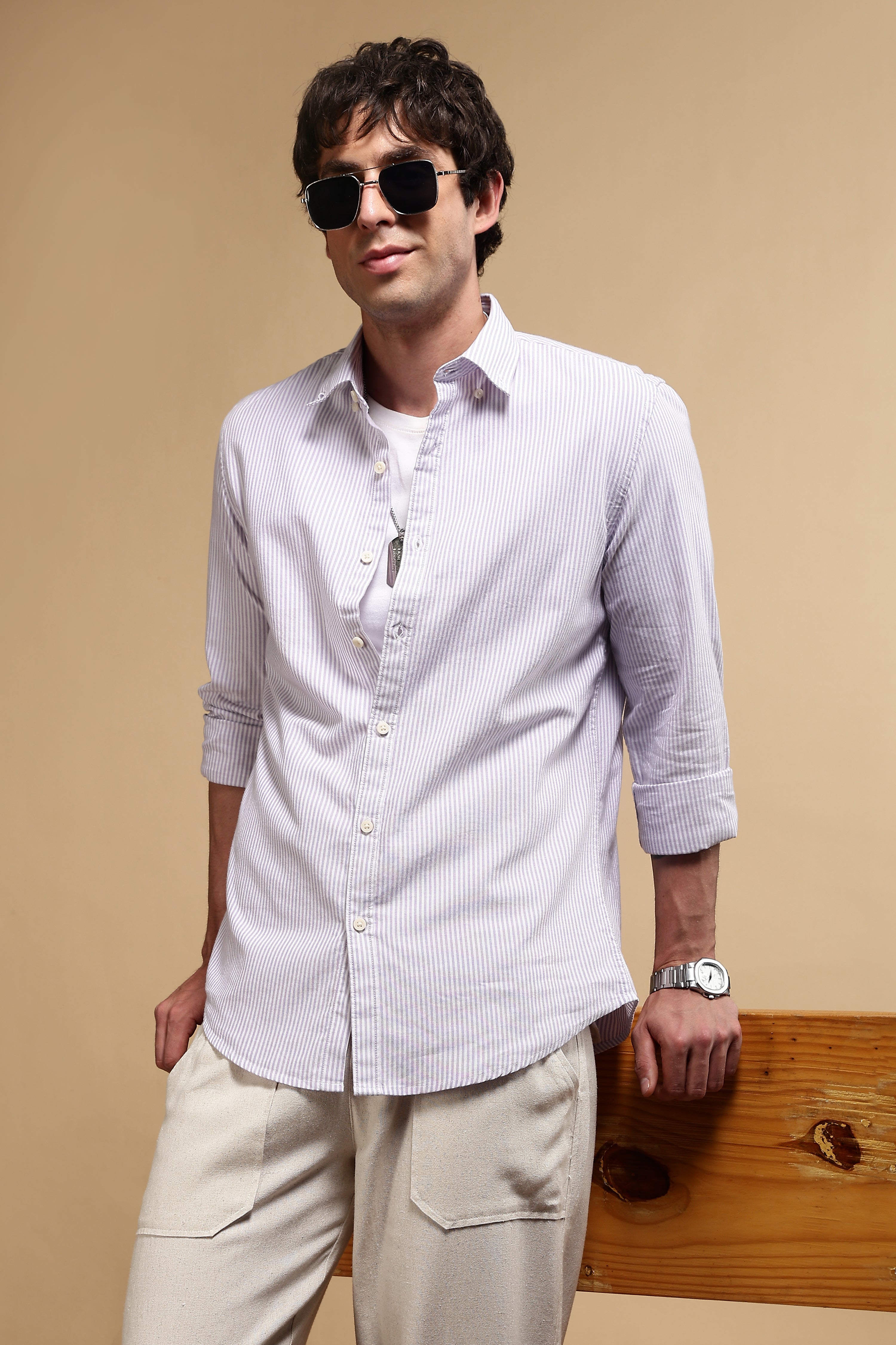 Men Lavender Cotton Oxford Slim Fit Striped Shirt