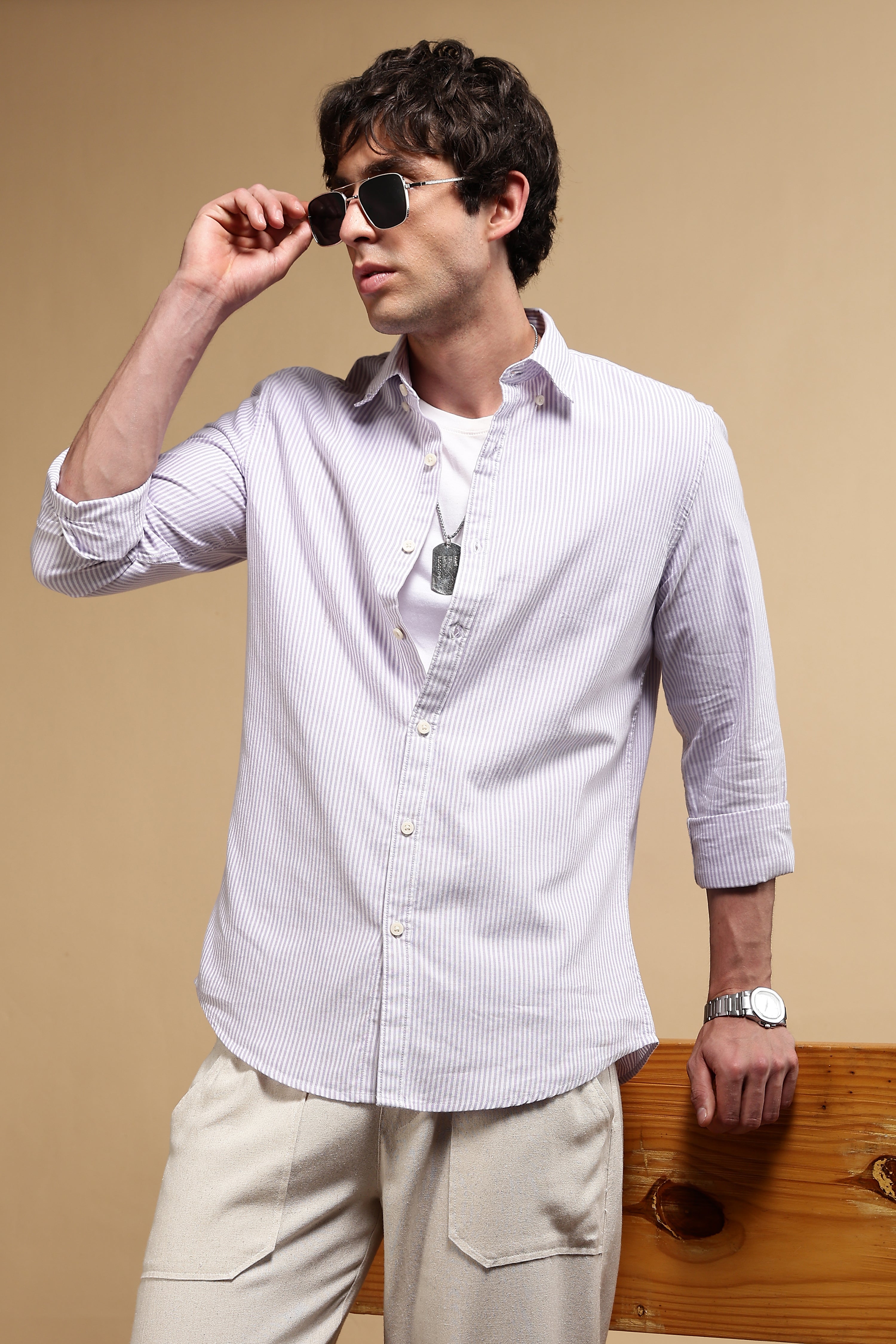 Men Lavender Cotton Oxford Slim Fit Striped Shirt