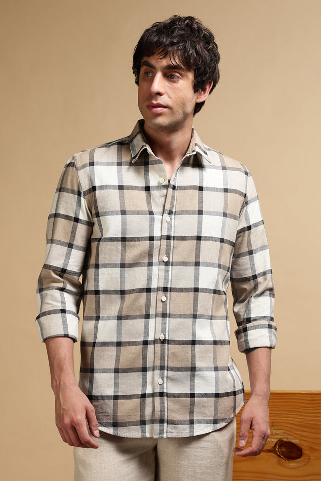 Men Cream Slim Fit Cotton Check Shirt