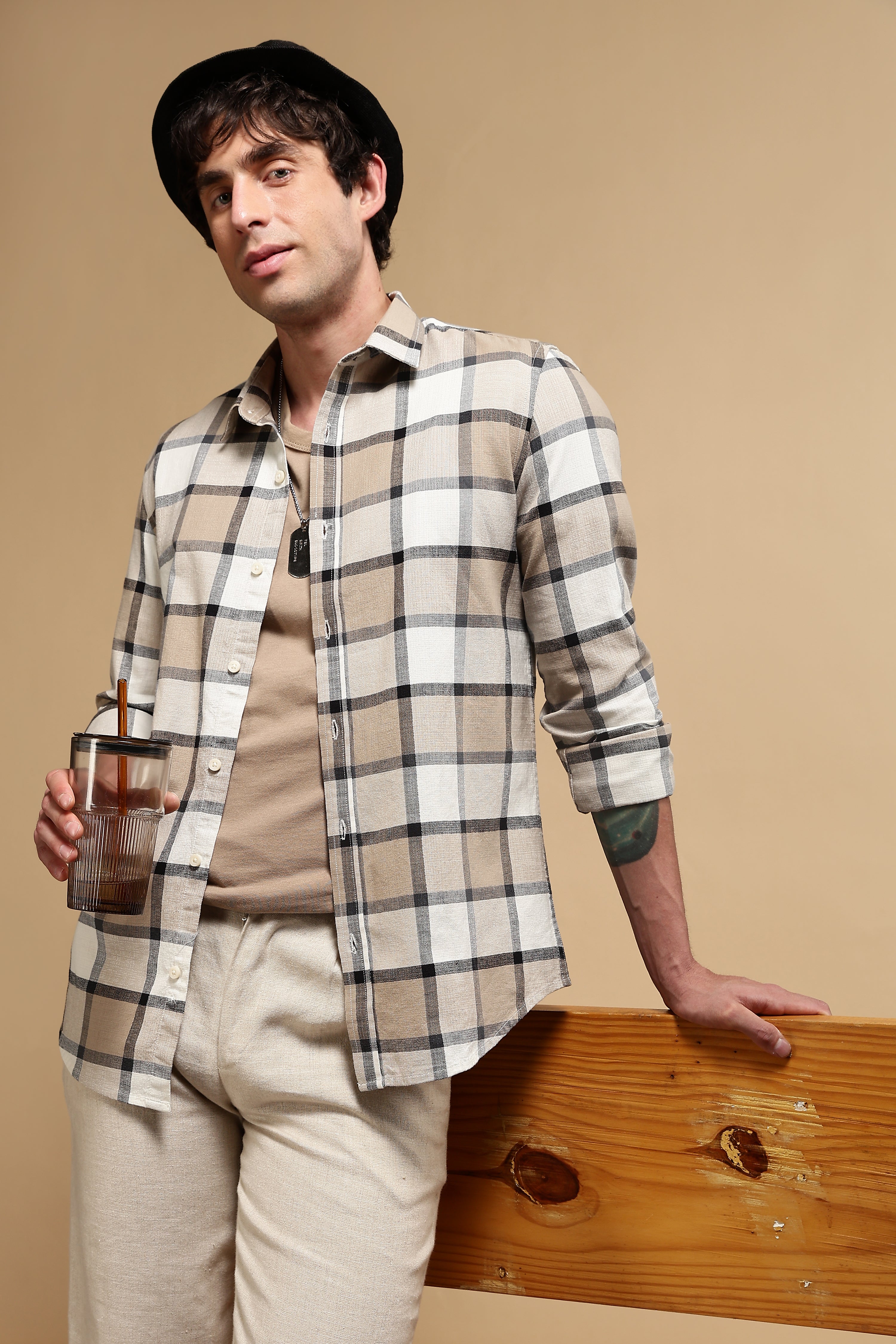 Men Cream Slim Fit Cotton Check Shirt