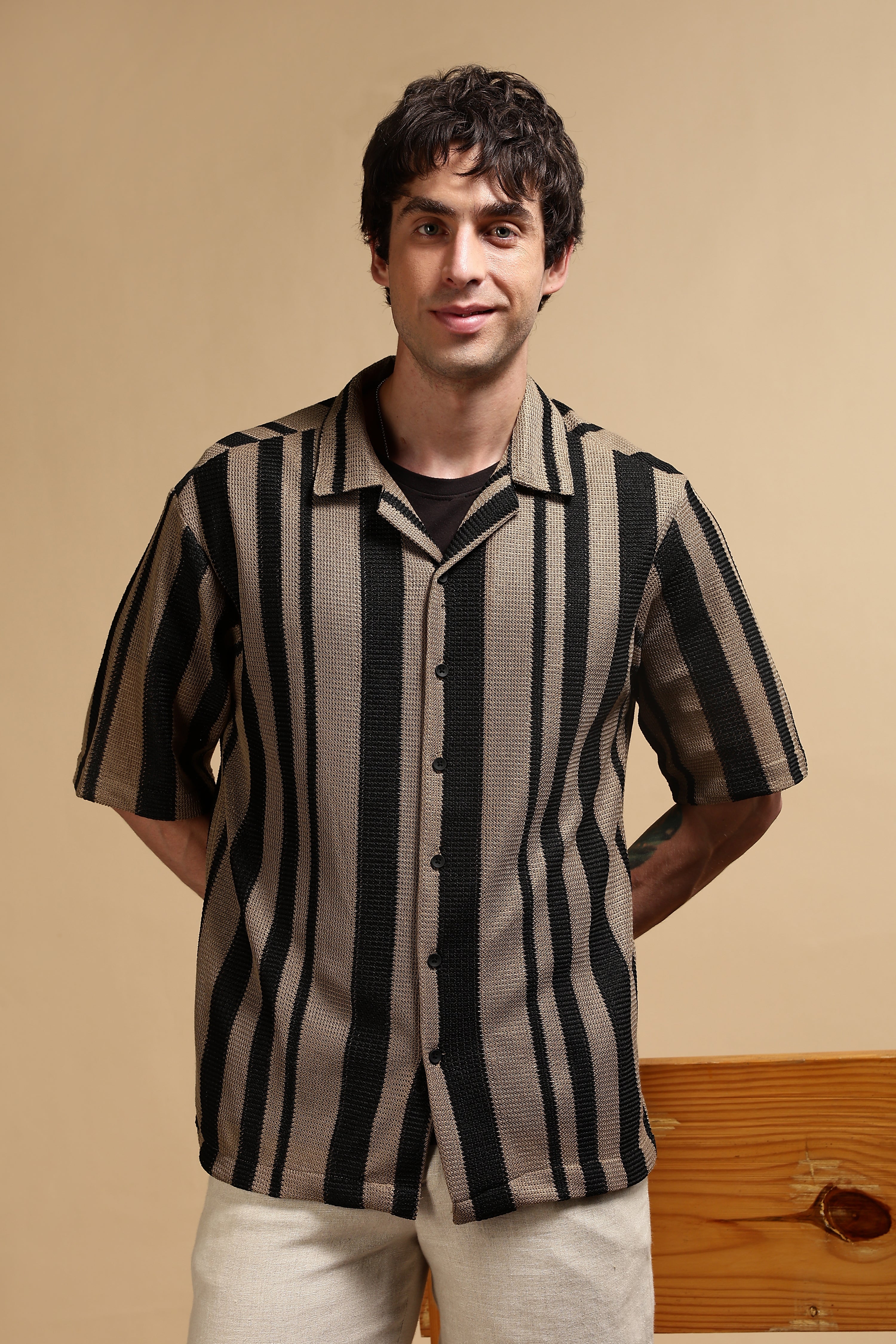 Men Khaki Relaxed Fit Striped Shirt