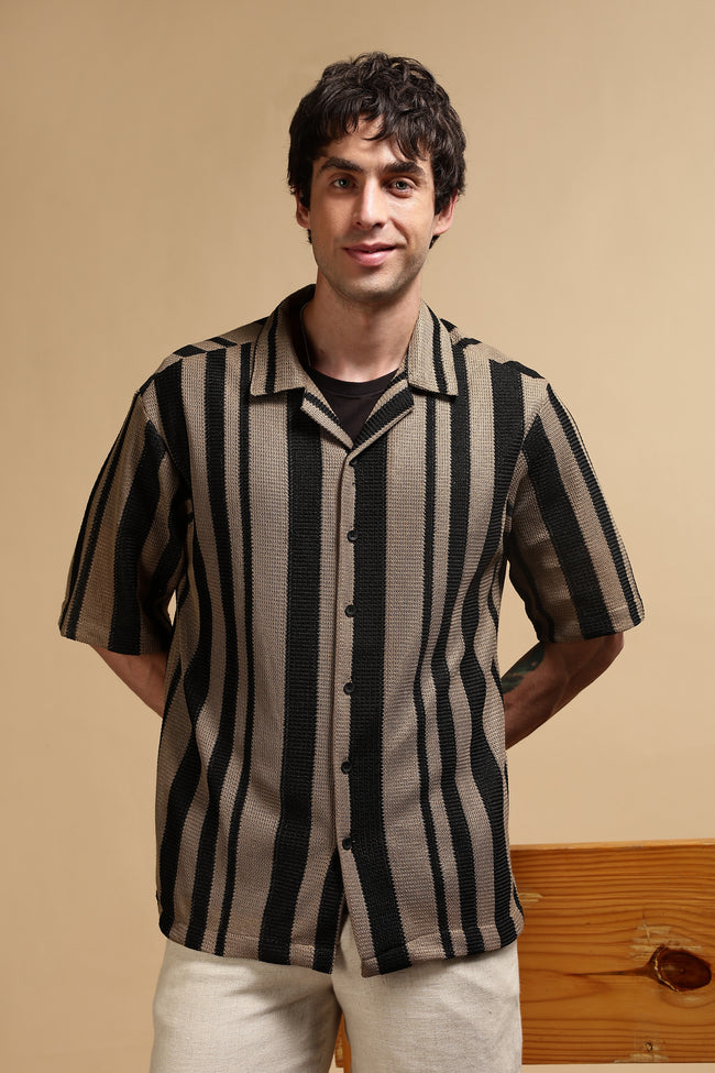 Men Khaki Relaxed Fit Striped Shirt