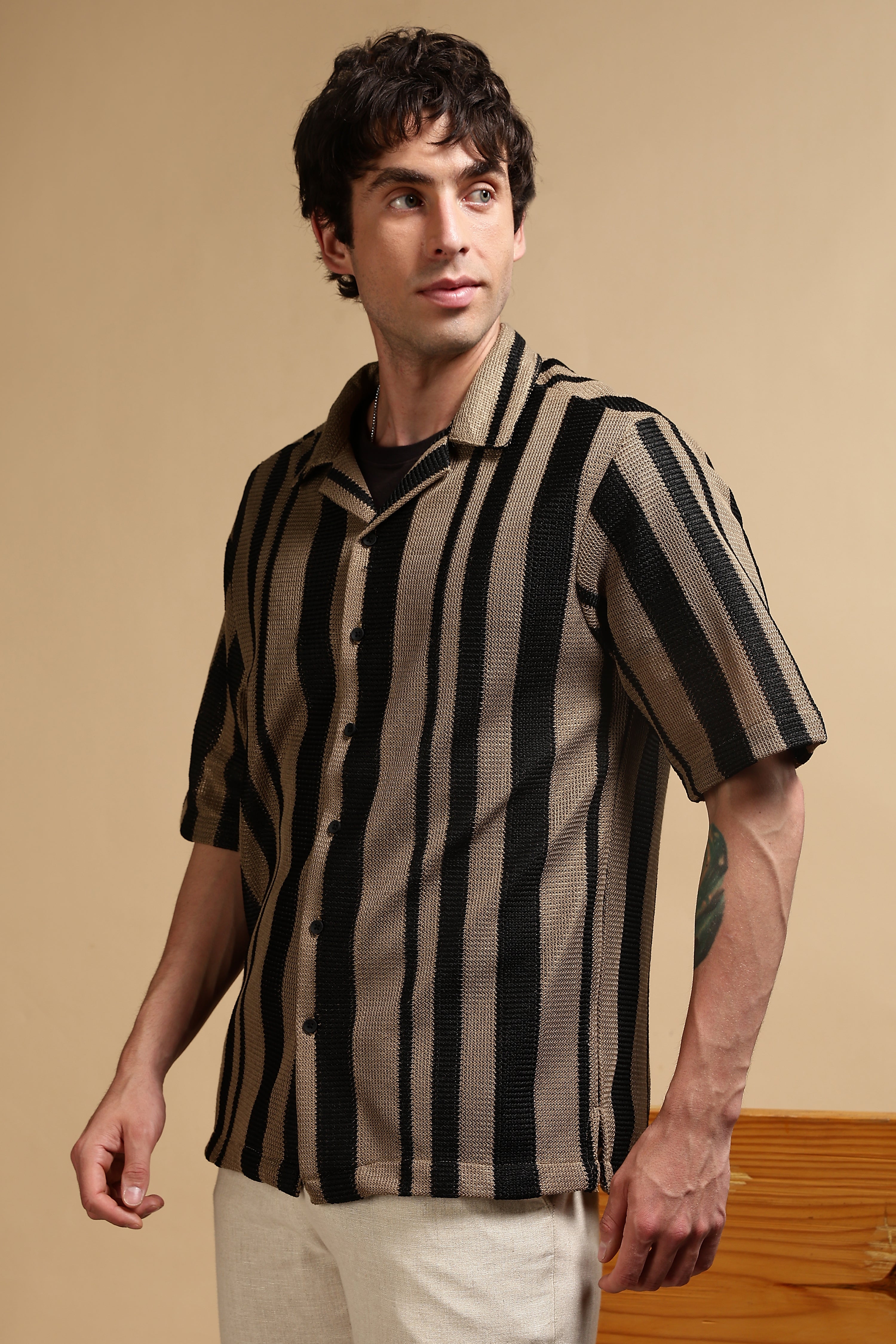 Men Khaki Relaxed Fit Striped Shirt