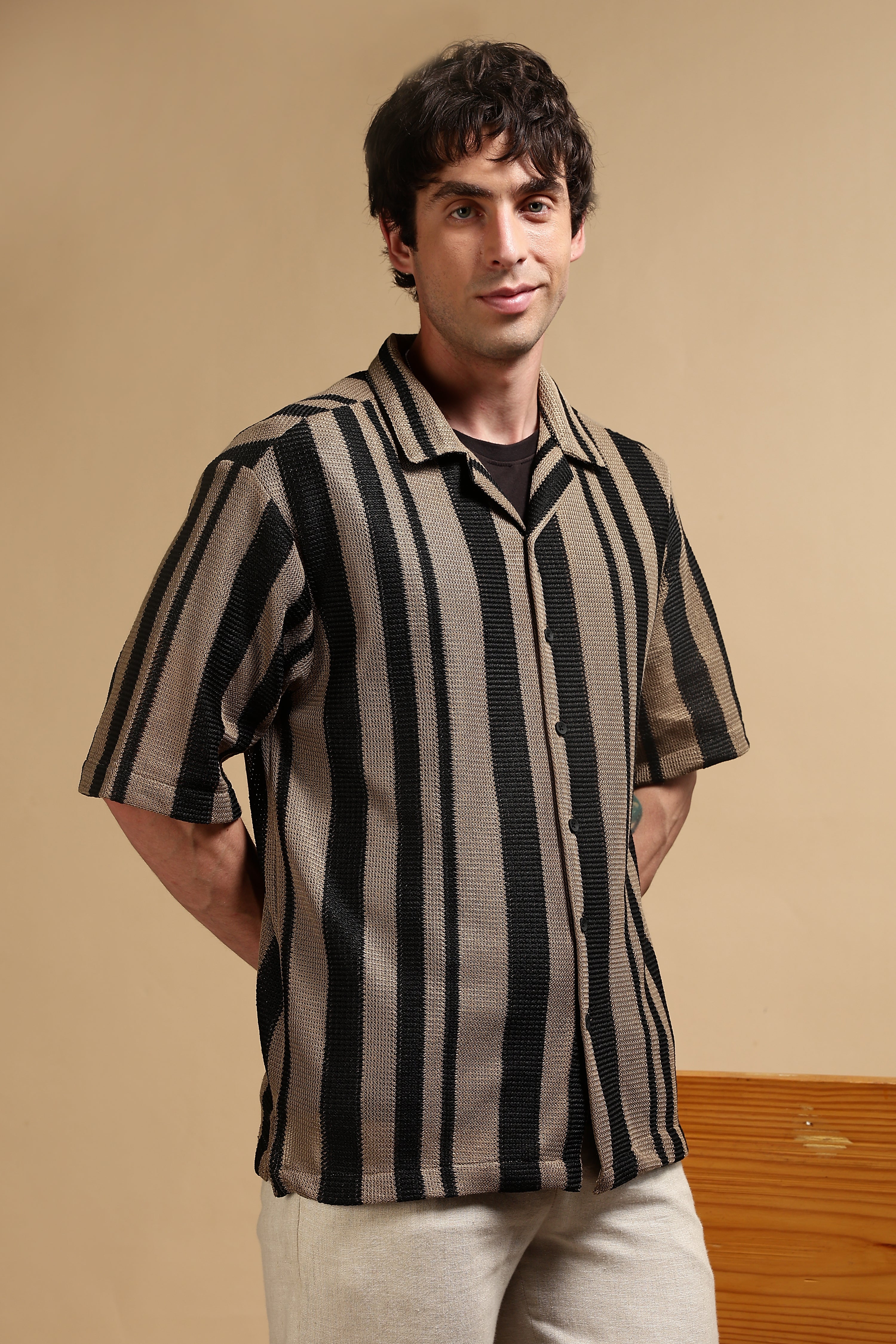 Men Khaki Relaxed Fit Striped Shirt