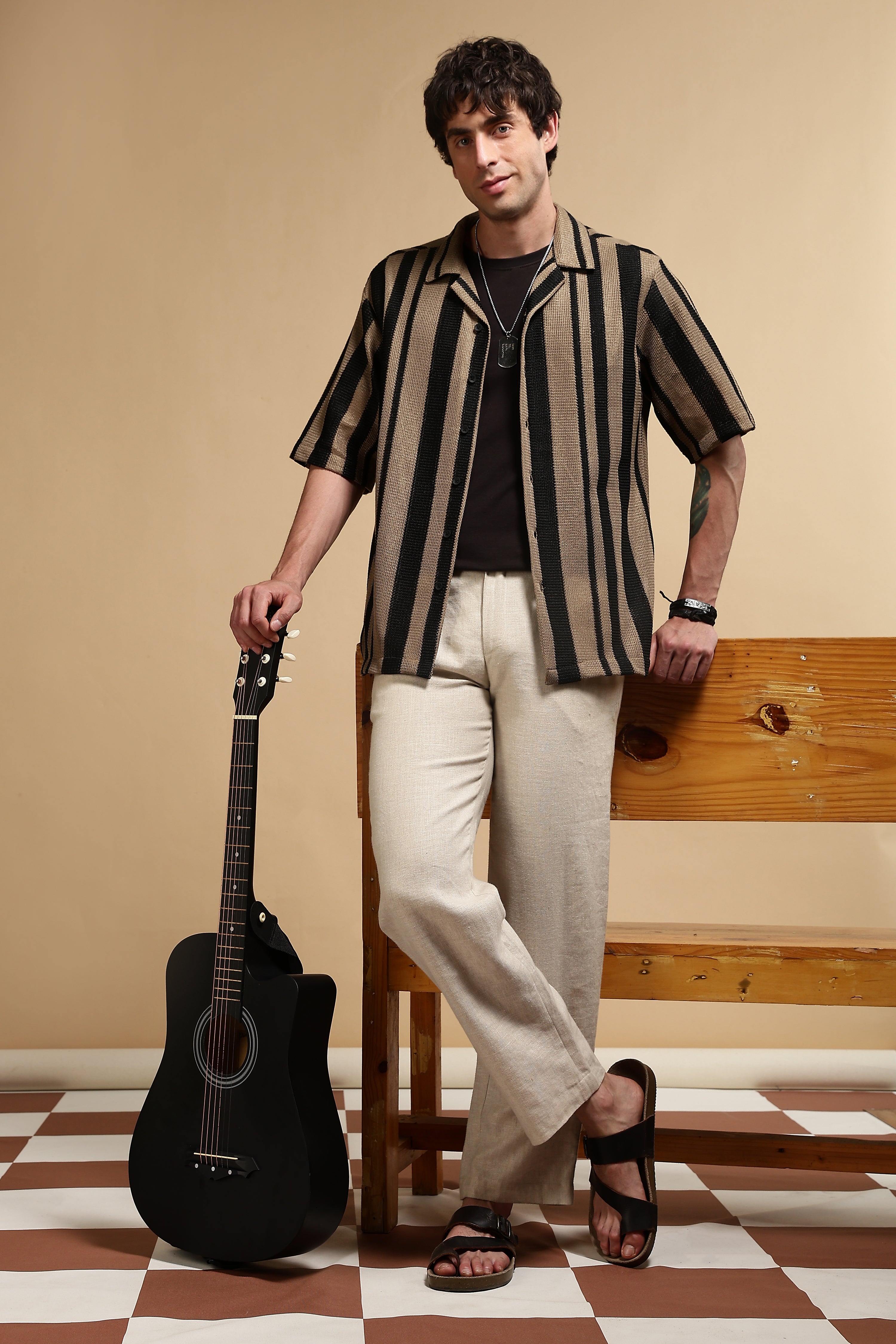 Men Khaki Relaxed Fit Striped Shirt