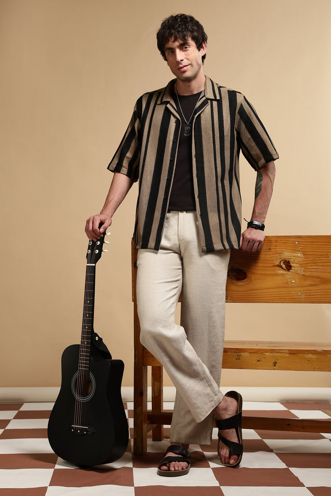 Men Khaki Relaxed Fit Striped Shirt