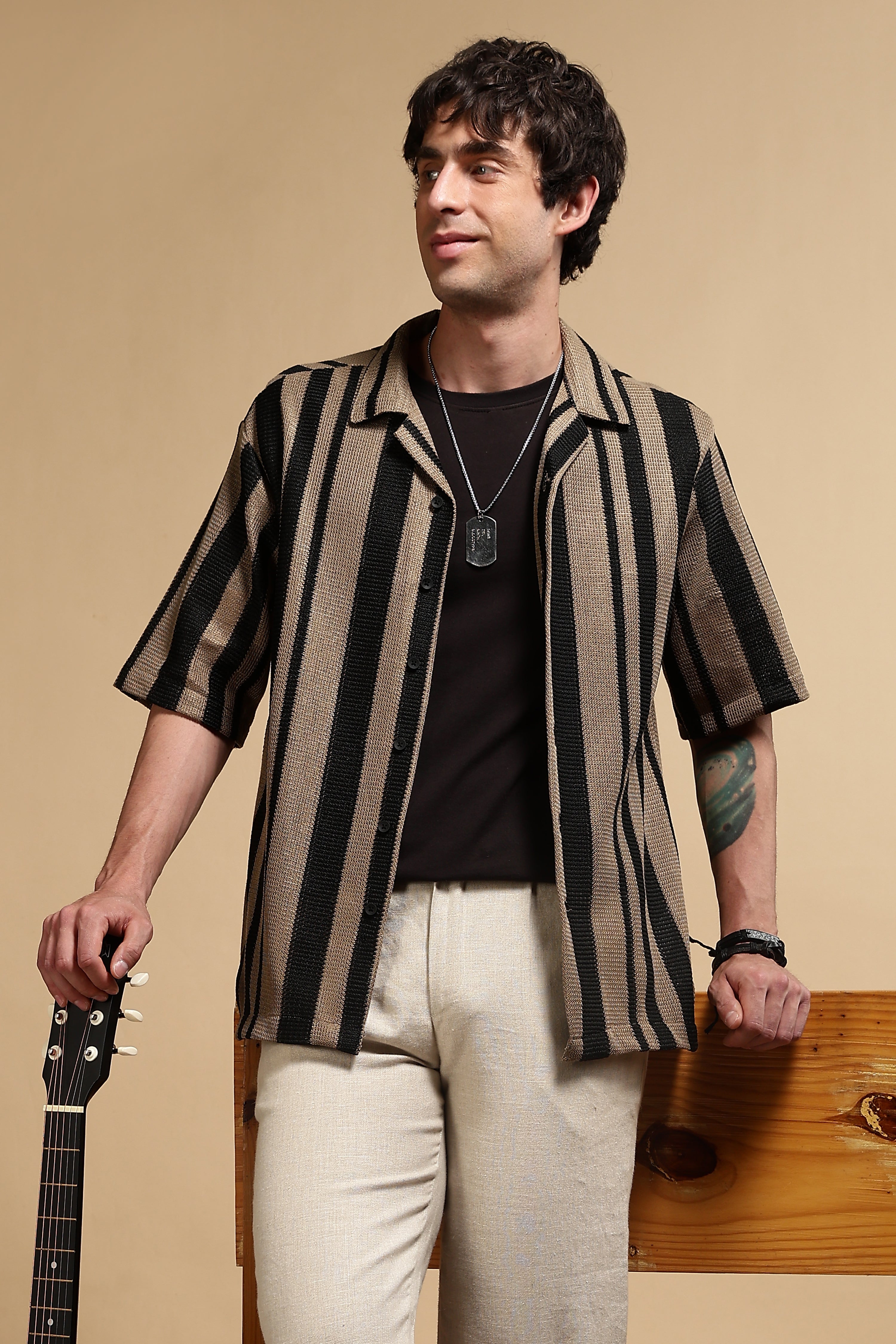 Men Khaki Relaxed Fit Striped Shirt