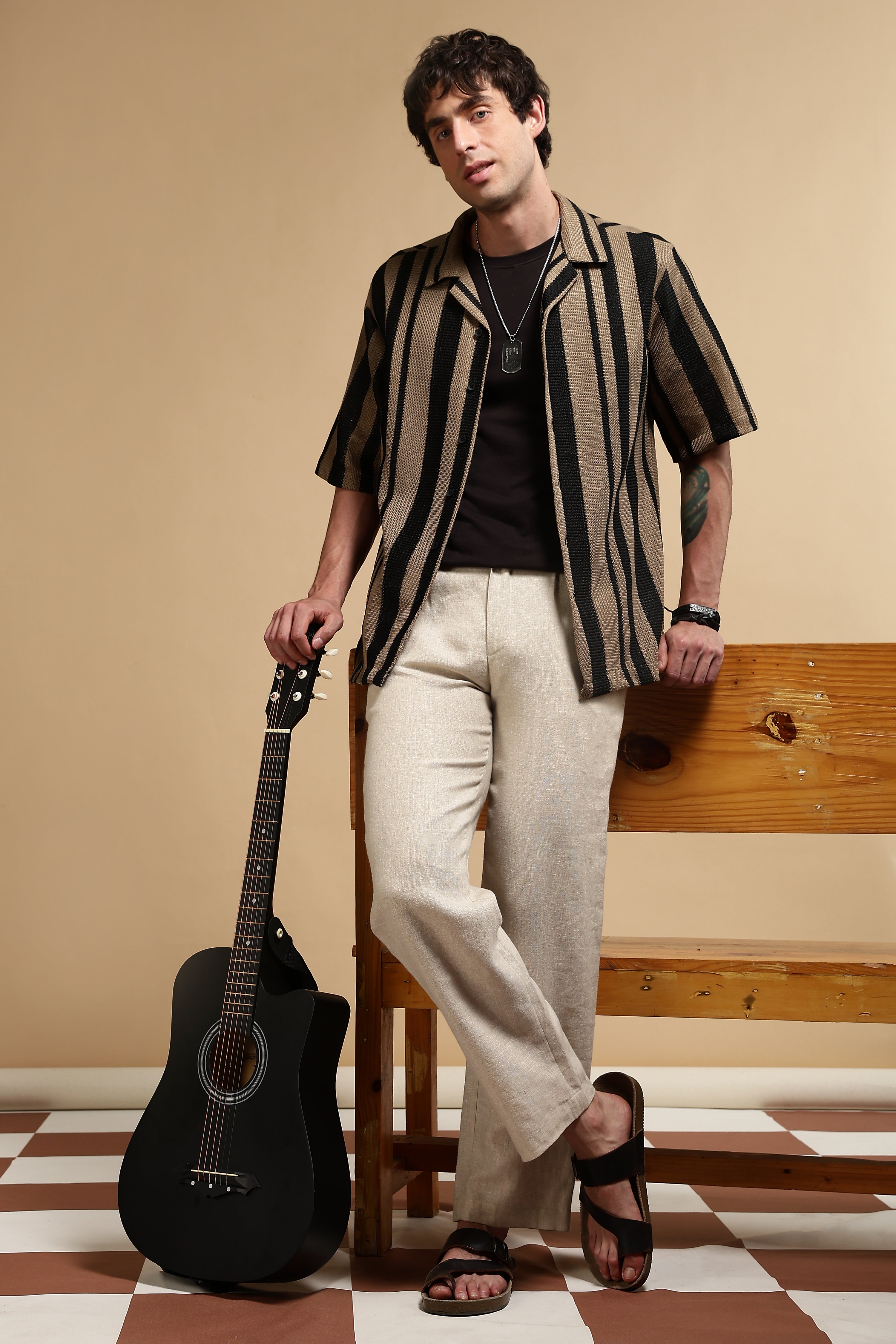 Men Khaki Relaxed Fit Striped Shirt