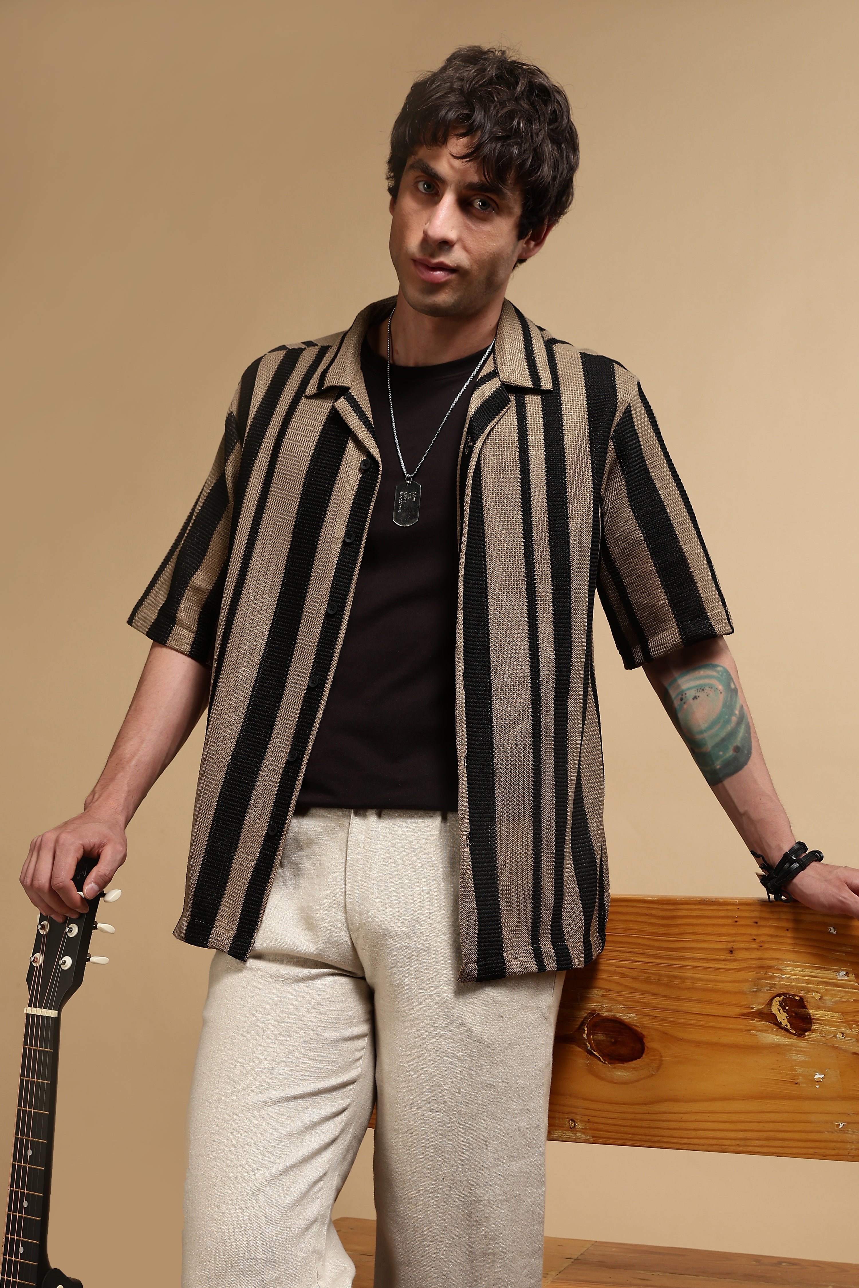 Men Khaki Relaxed Fit Striped Shirt