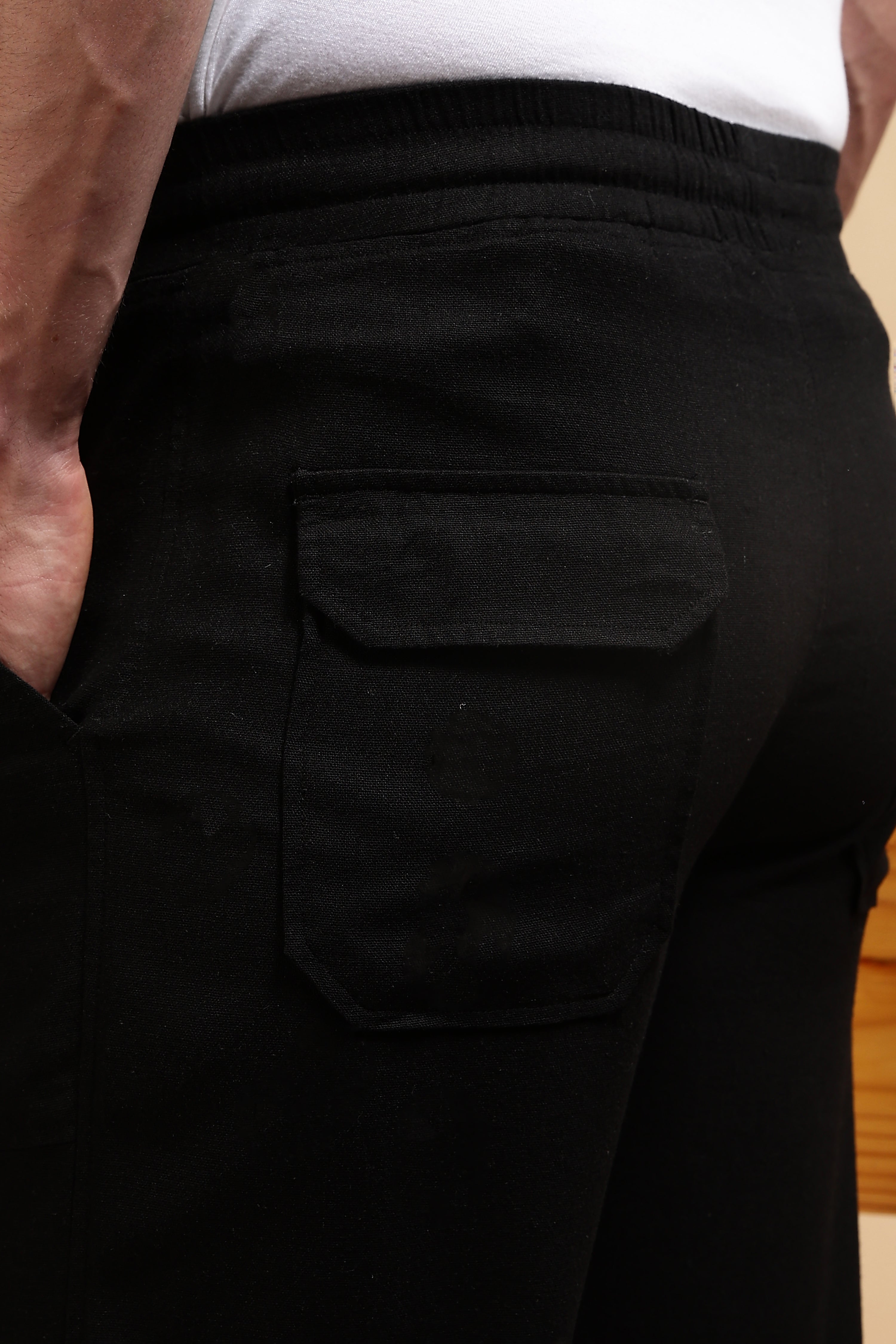 Men Black Linen Blend Loose Fit Drawcord Trousers