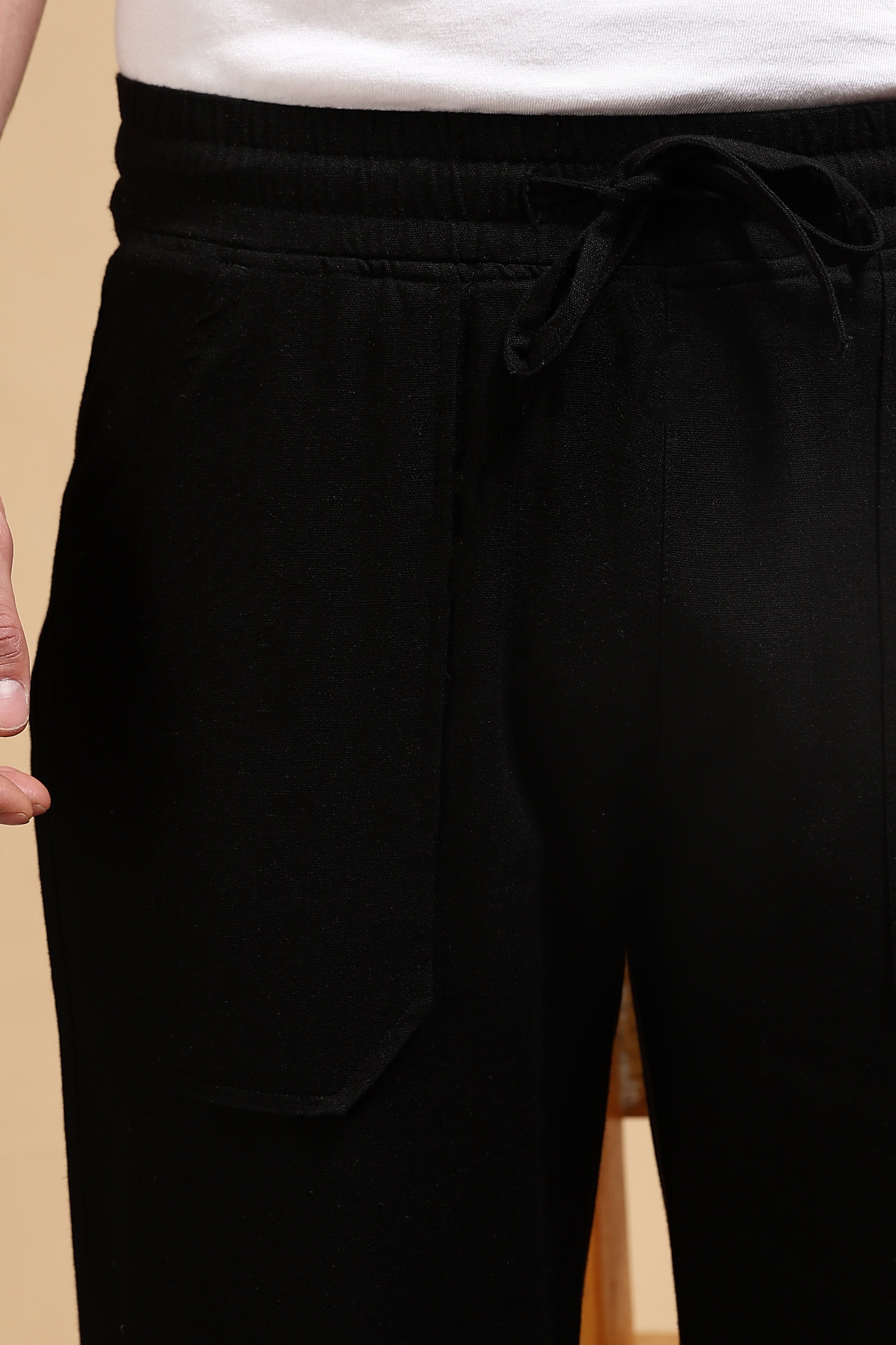 Men Black Linen Blend Loose Fit Drawcord Trousers