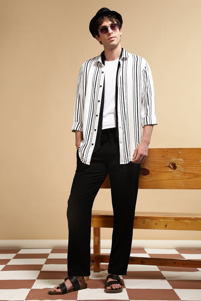 Men Black Linen Blend Loose Fit Drawcord Trousers