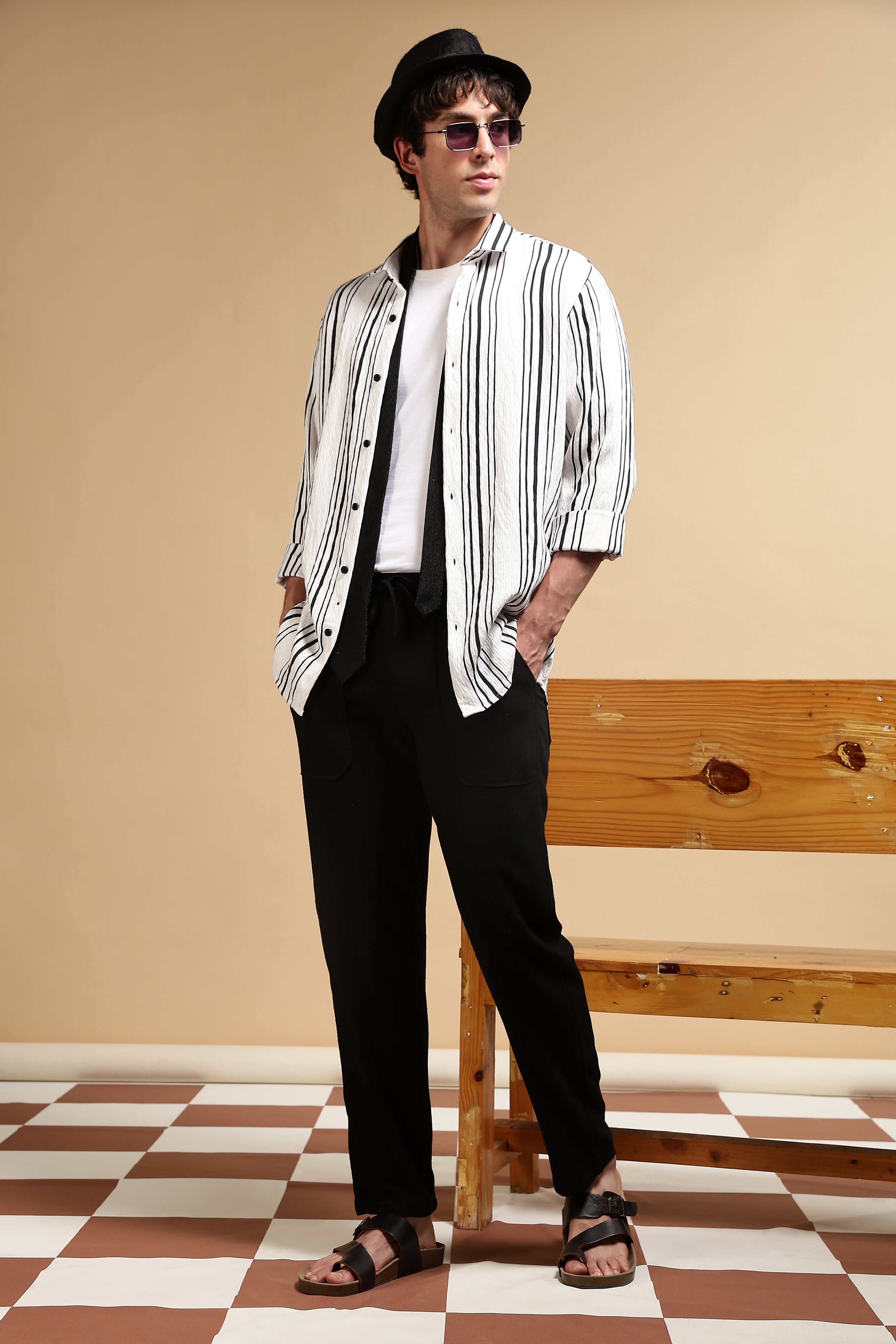 Men Black Linen Blend Loose Fit Drawcord Trousers