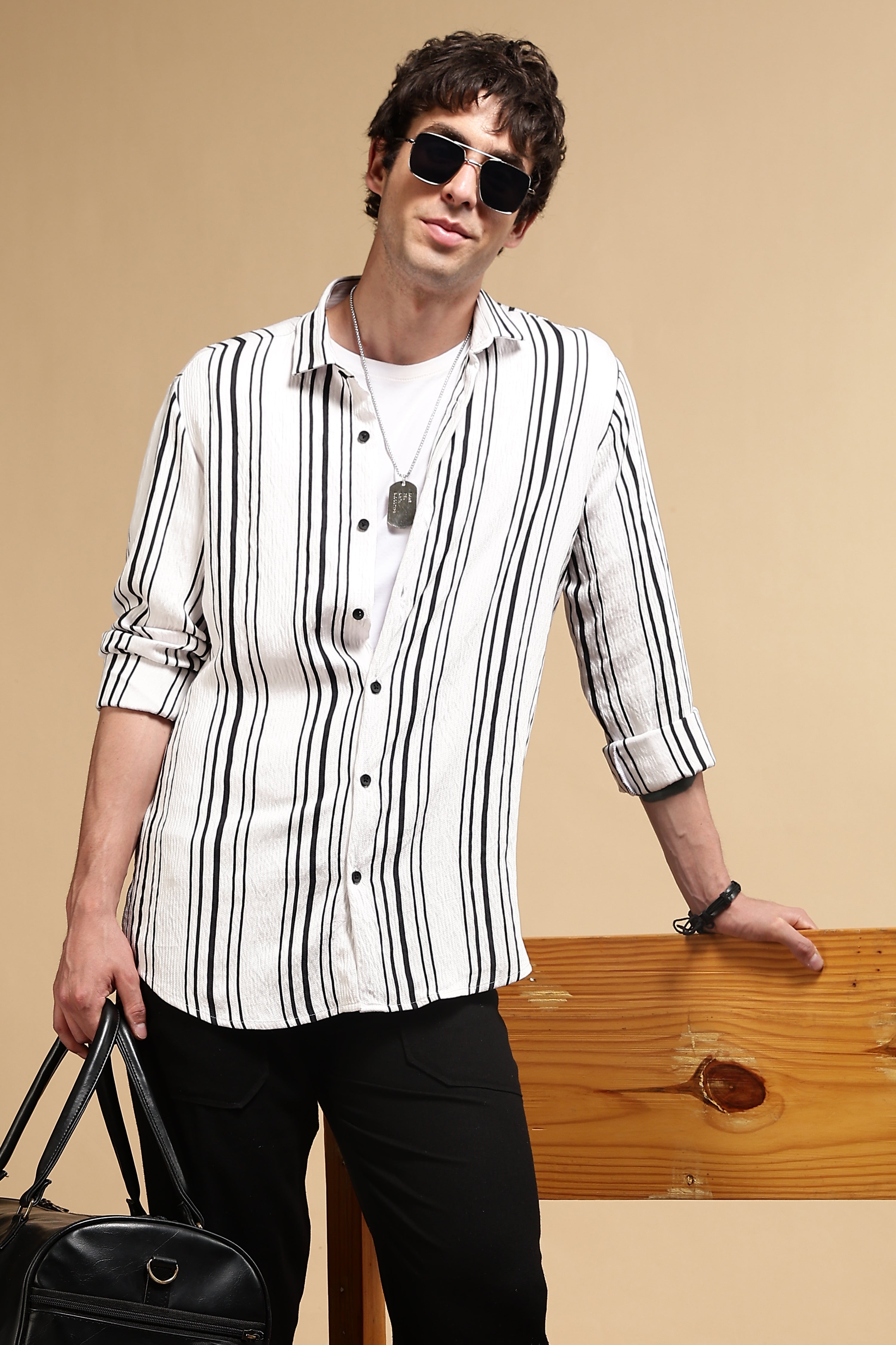 Men White Striped Shirt