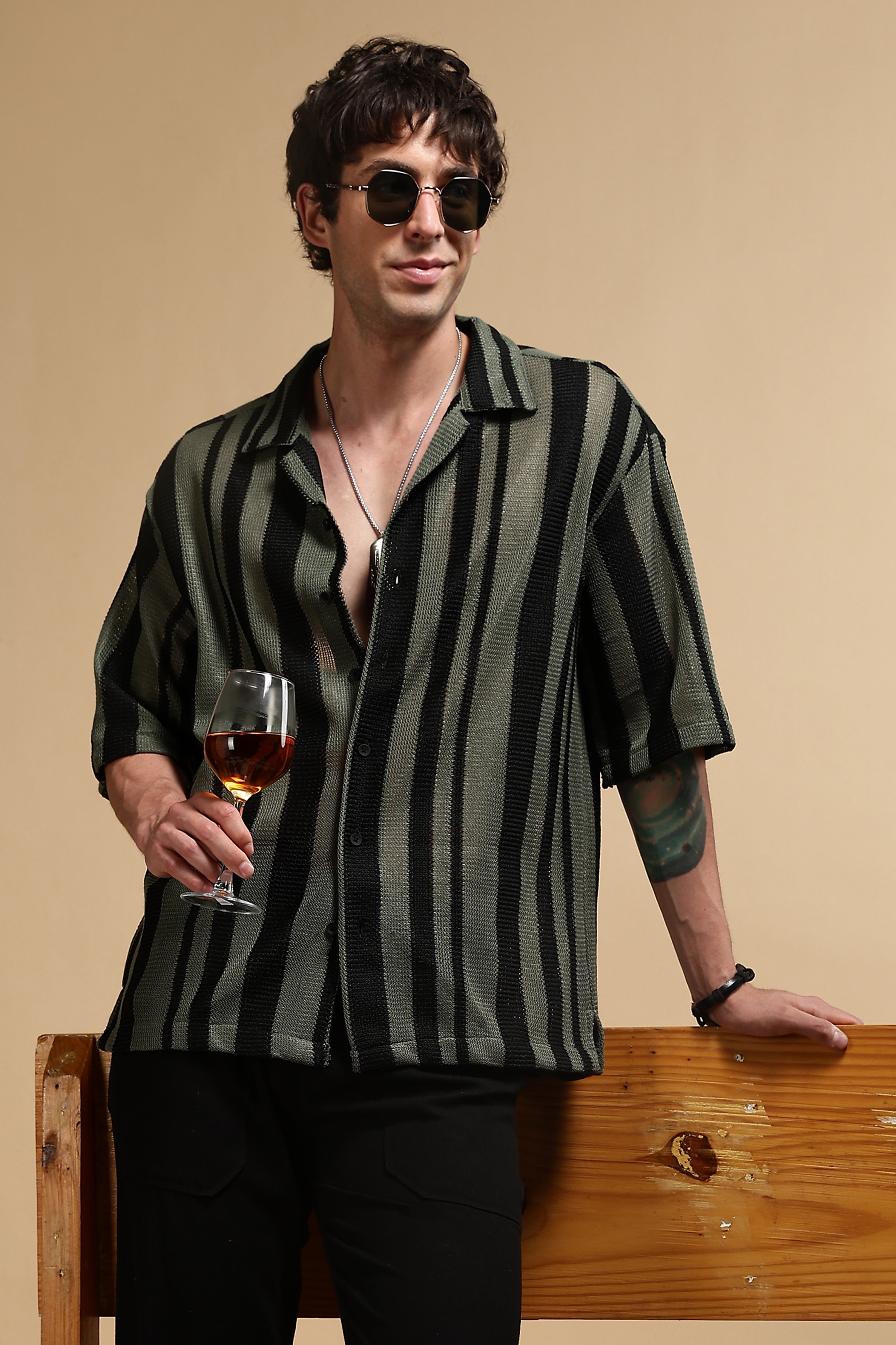 Men Green Relaxed Fit Striped Shirt