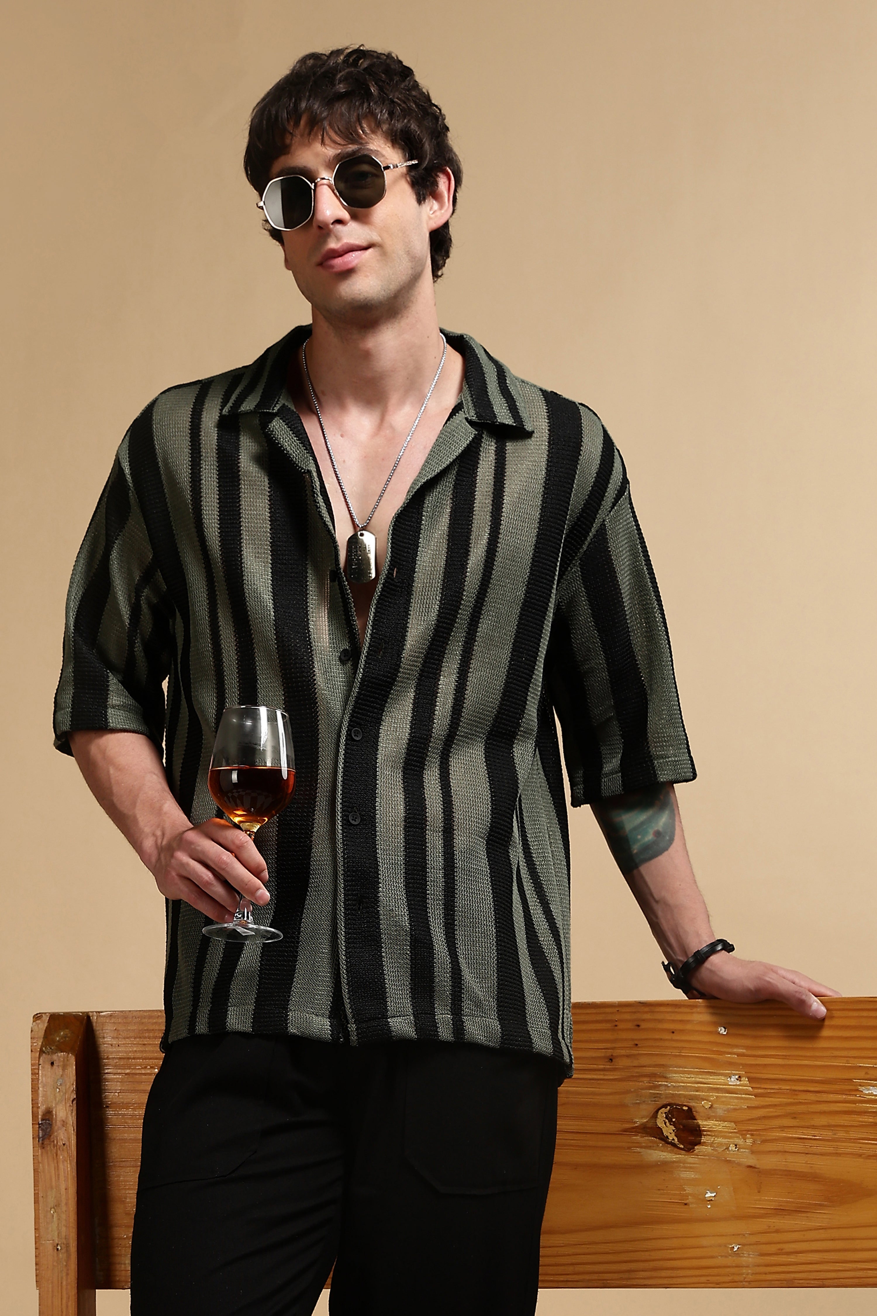 Men Green Relaxed Fit Striped Shirt