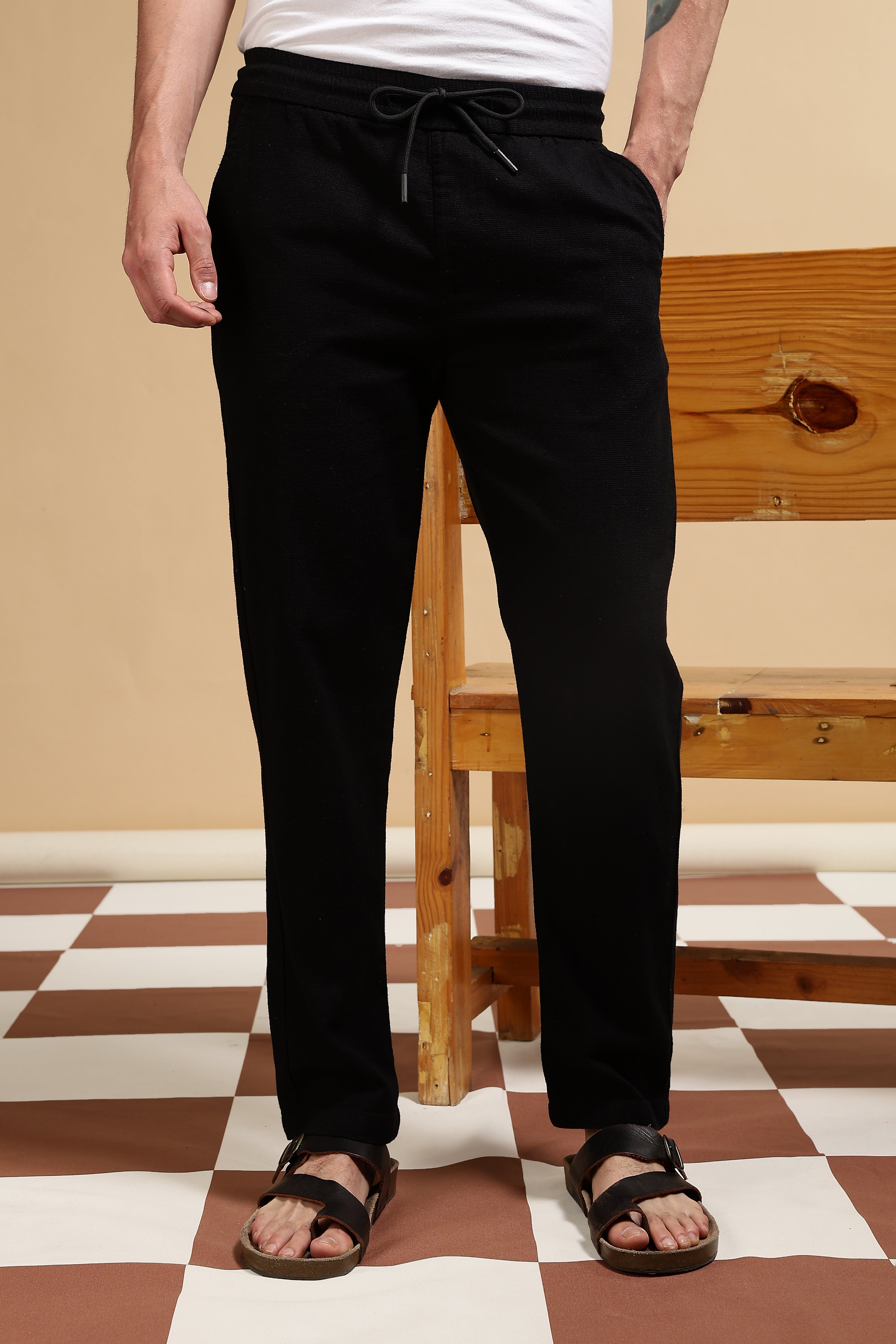 Men Black Cotton Loose Fit Drawcord Pants