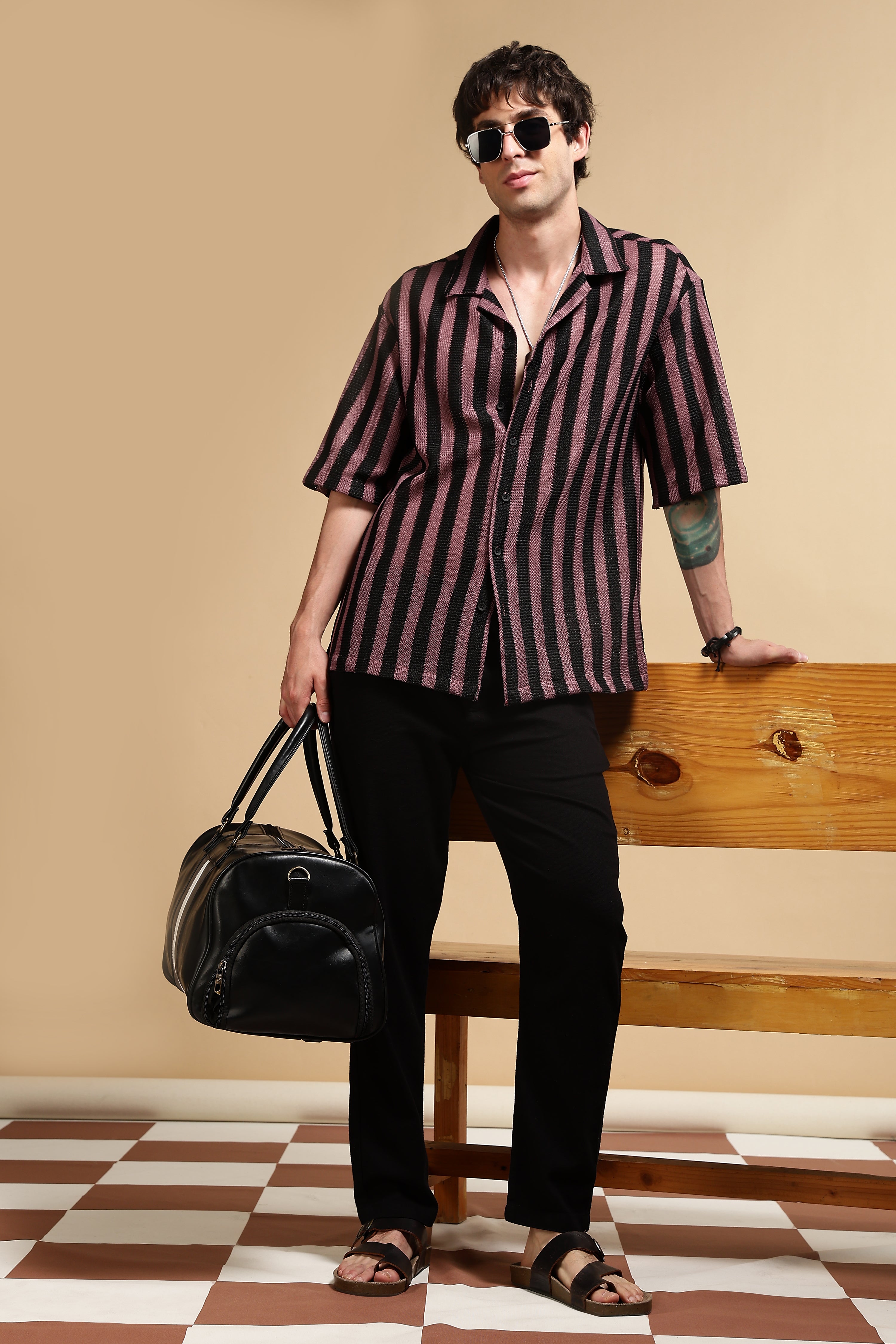 Men Pink Polyester Croatia Striped Shirt