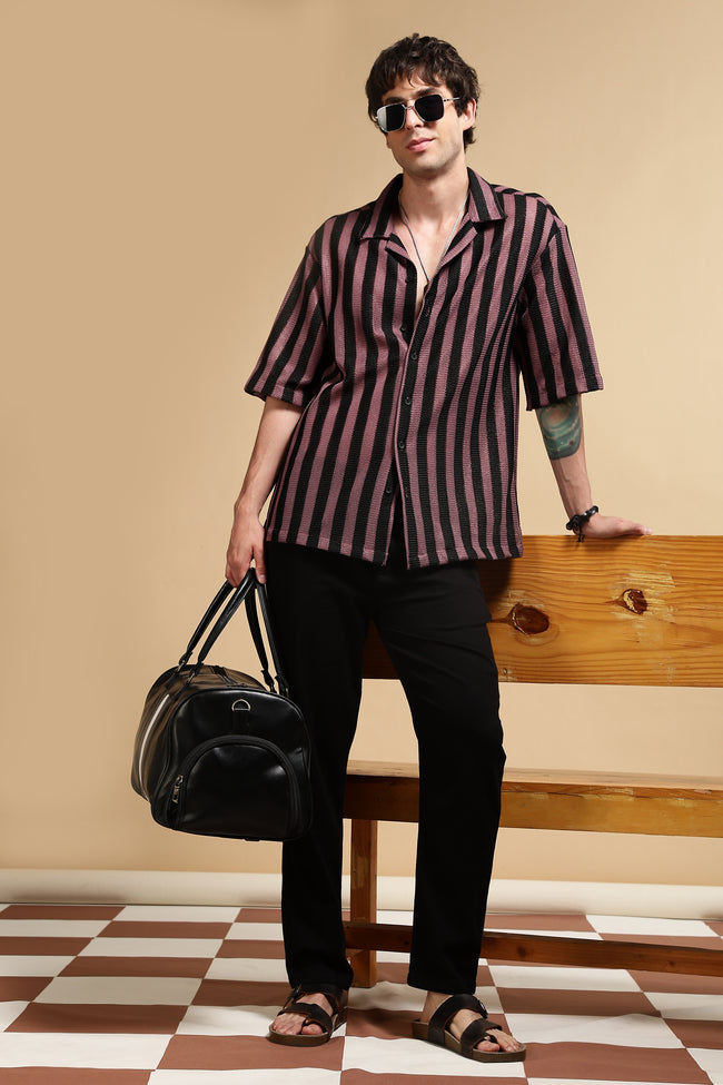Men Pink Polyester Croatia Striped Shirt