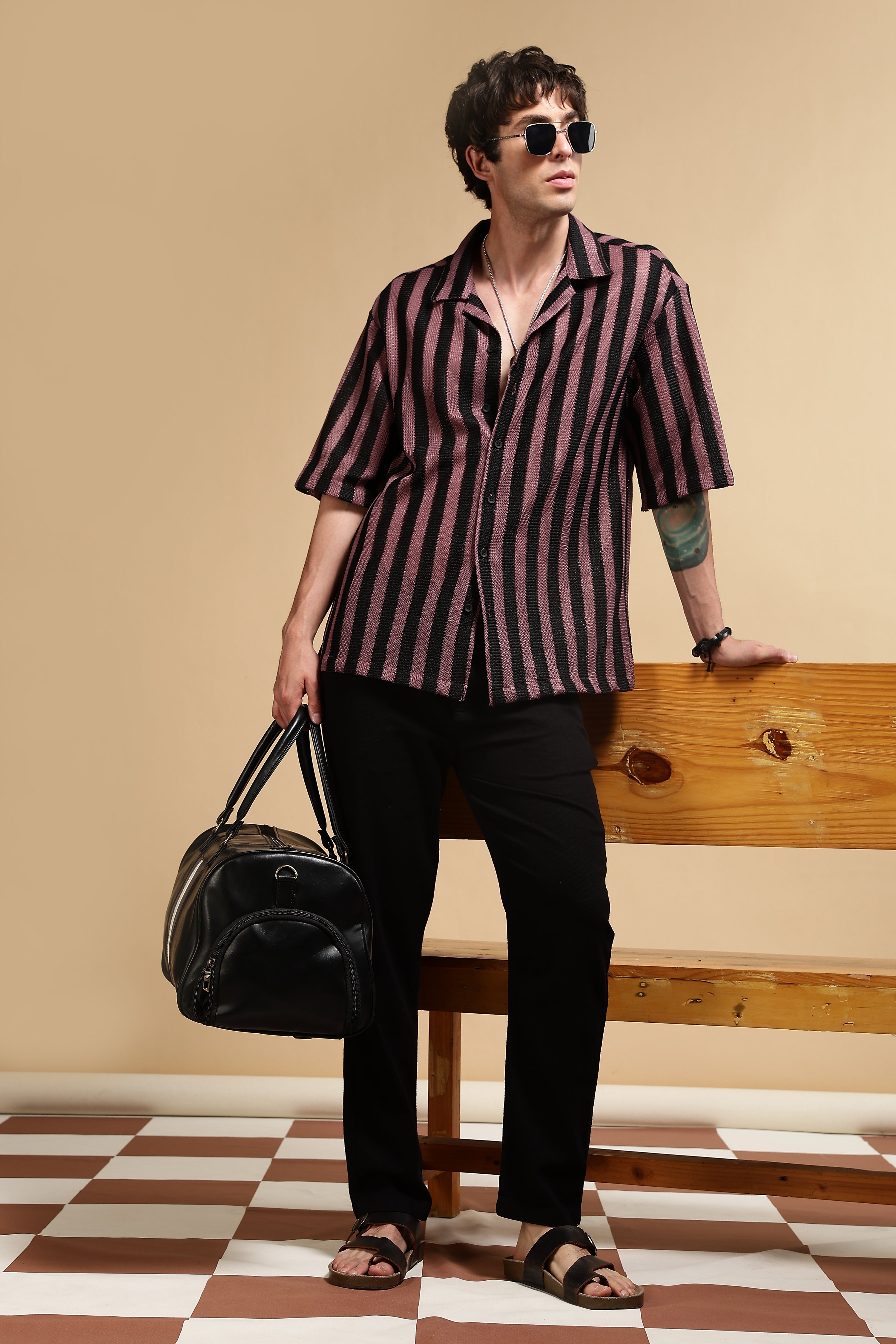 Men Pink Polyester Croatia Striped Shirt