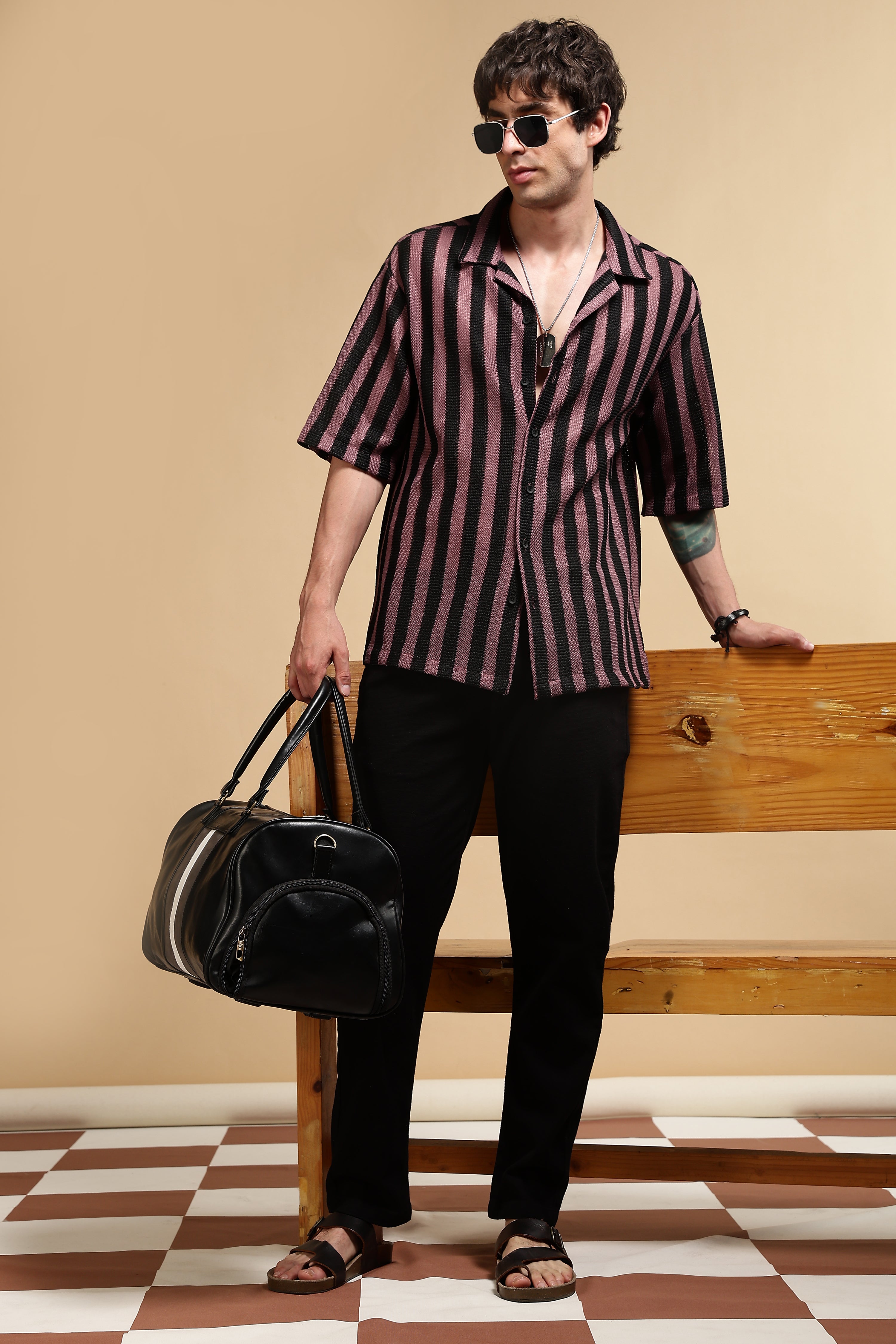 Men Pink Polyester Croatia Striped Shirt