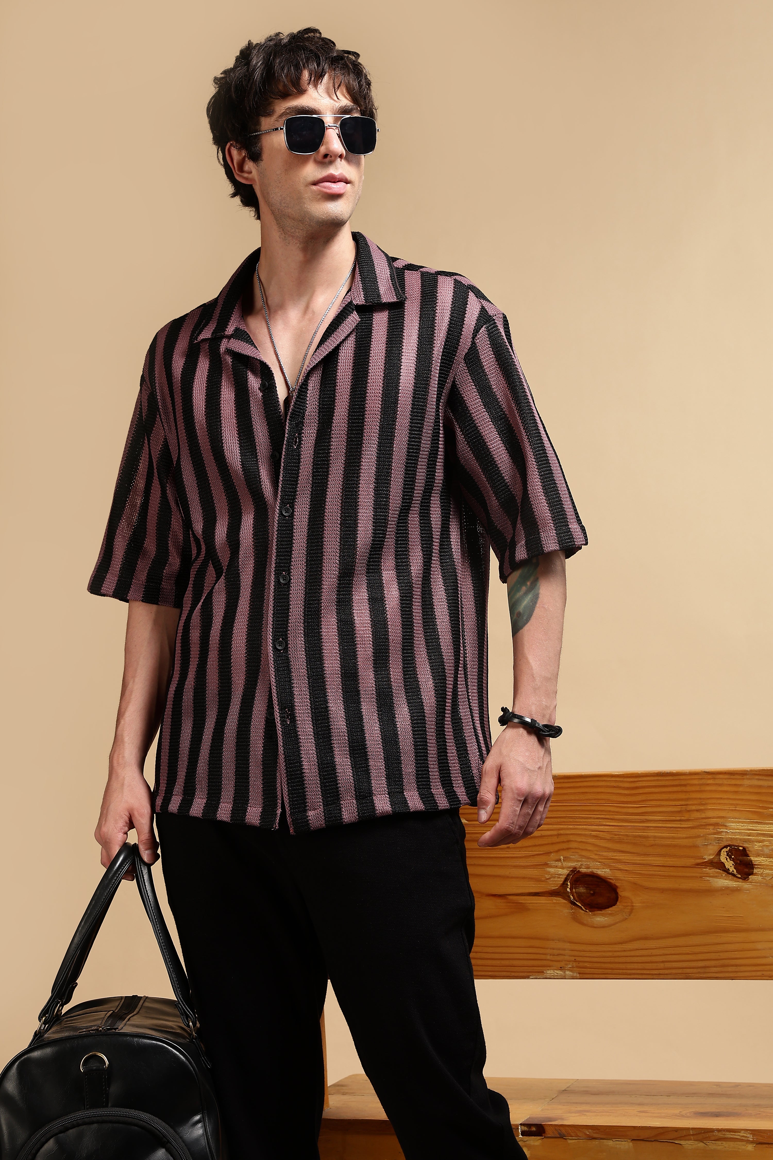 Men Pink Polyester Croatia Striped Shirt
