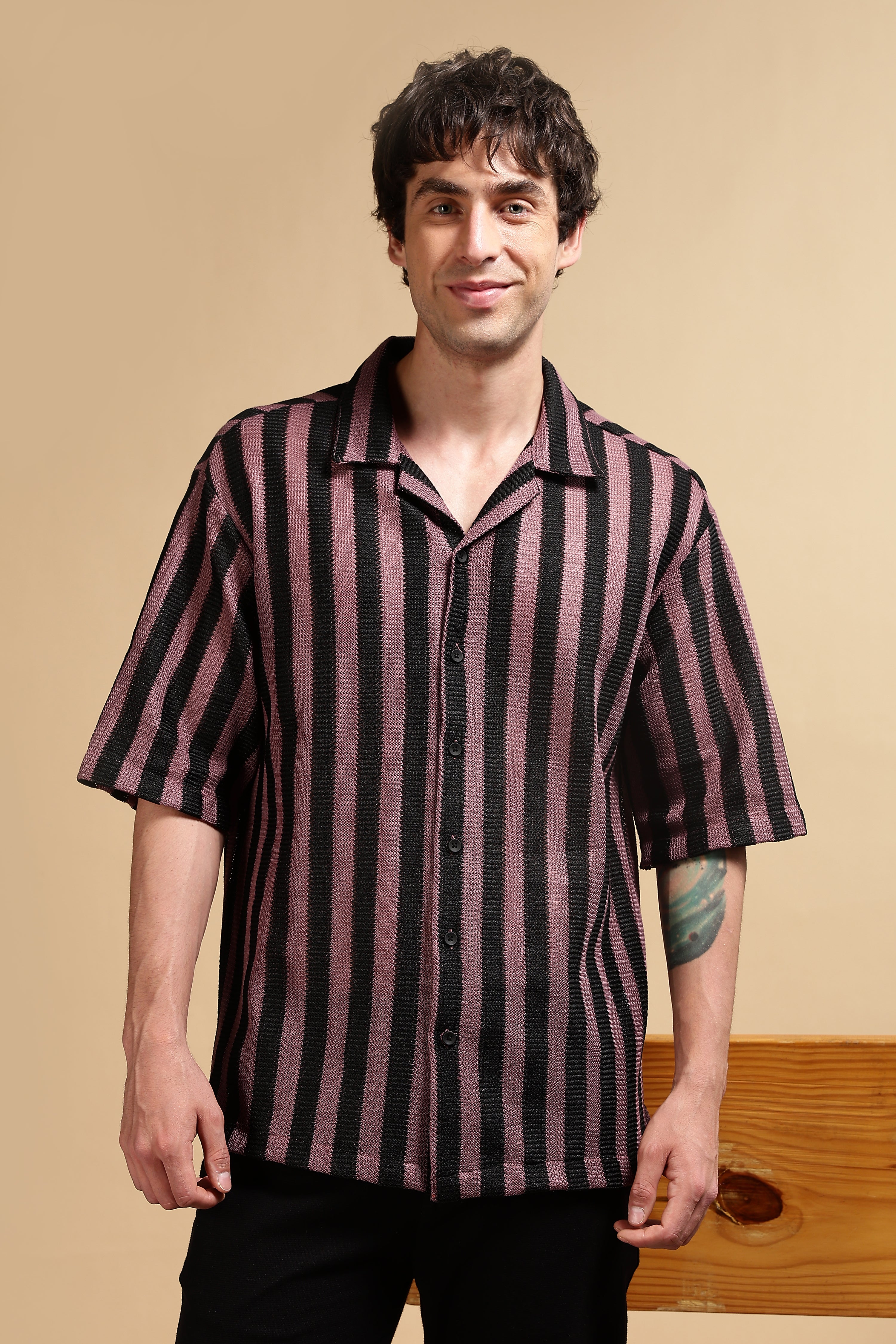 Men Pink Polyester Croatia Striped Shirt